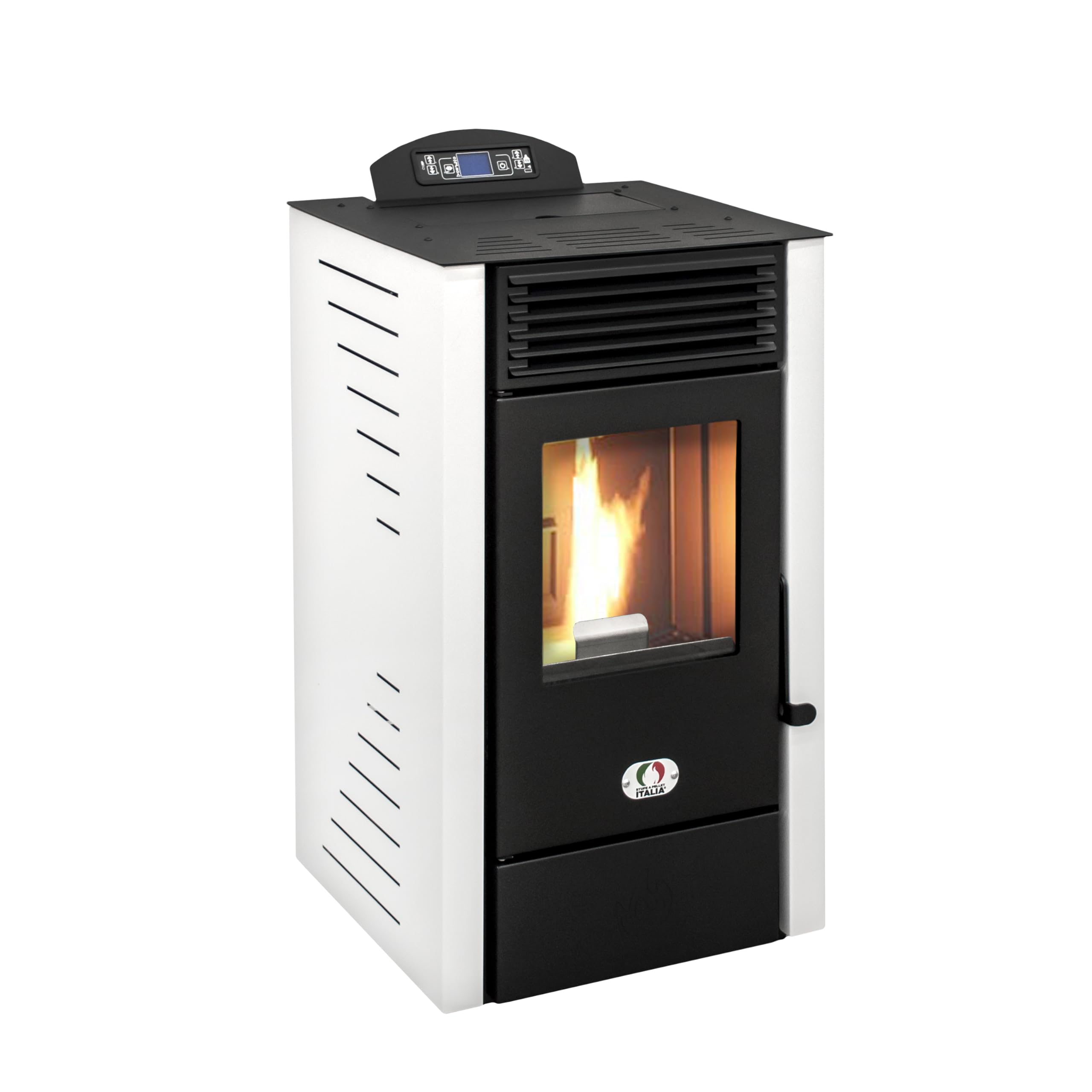 STUFE A PELLET ITALIA California 8 kW, wydajność, 91% ogrzewanie, 70 m², czas pracy 20 h, programowalny 5 prędkości i mocy, kompaktowa konstrukcja, 24 miesiące, biały