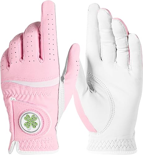 Guante de golf para mujer con marcador de bolas de trébol 1 unidad, guantes de agarre para todo clima de microfibra y cuero para damas, ajuste