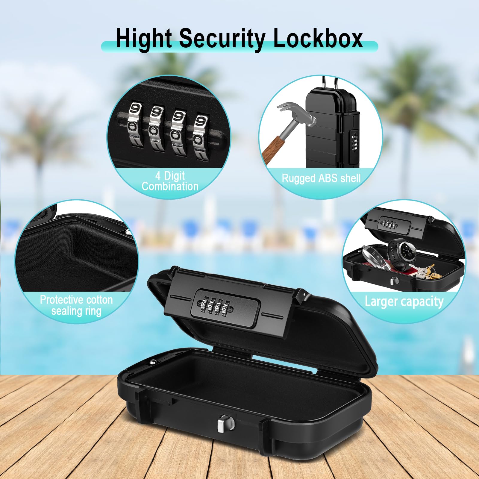 BKNOOU Cassetta di sicurezza da viaggio, portatile, sicura per viaggi, antifurto, da spiaggia, impermeabile, piccola scatola con serratura a combinazione con catena rimovibile, cassetta di sicurezza