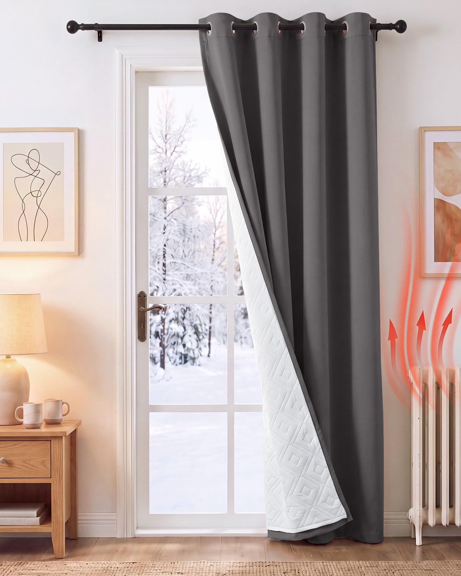 PONY DANCE Thermal Door Curtain with Quilted White Lining, Grey, 55x84 Inch