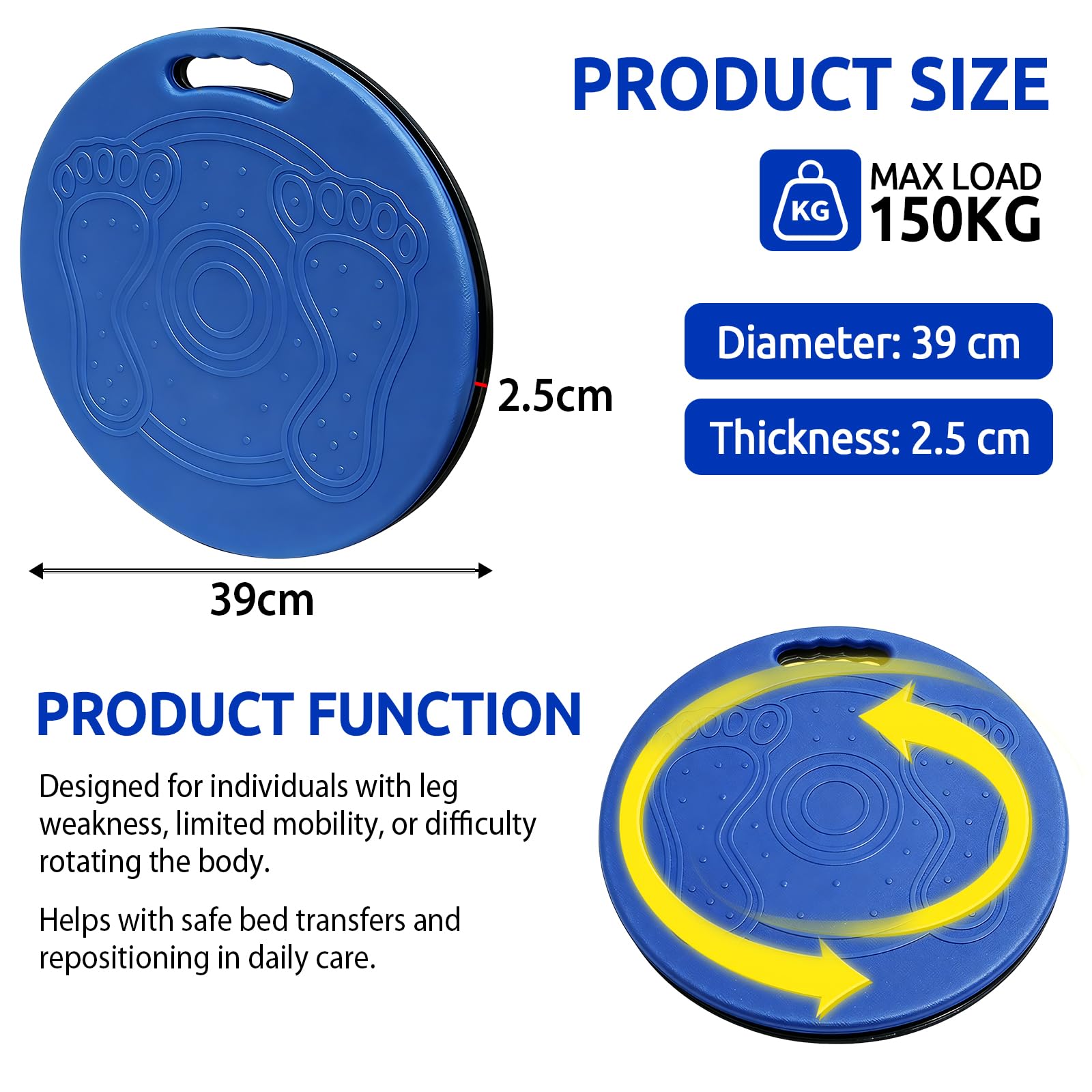 Disque de Transfert Pivotant, Aide au Transfert Antidérapante Portable, Double Structure, ABS + Plastique Technique, Étanche, Avec Poignée, 150 kg, Aide à la Mobilité pour Soins à Domicile (Bleu)