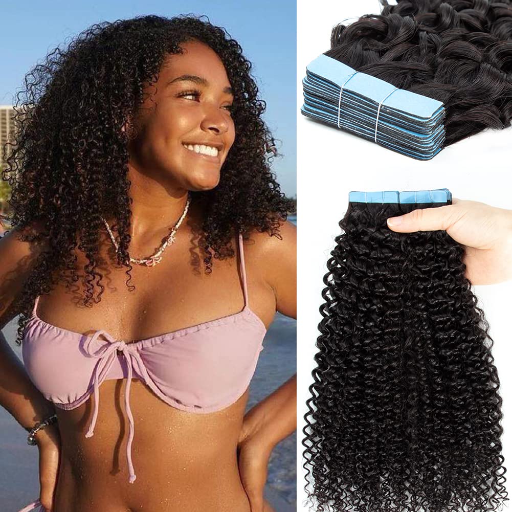 Urbeauty 40 Pcs Tape in Hair Extensions Human Hair Black Women Seamless Kinky Curly Tape on Hair Extensions with Invisible Tape Attached Semi