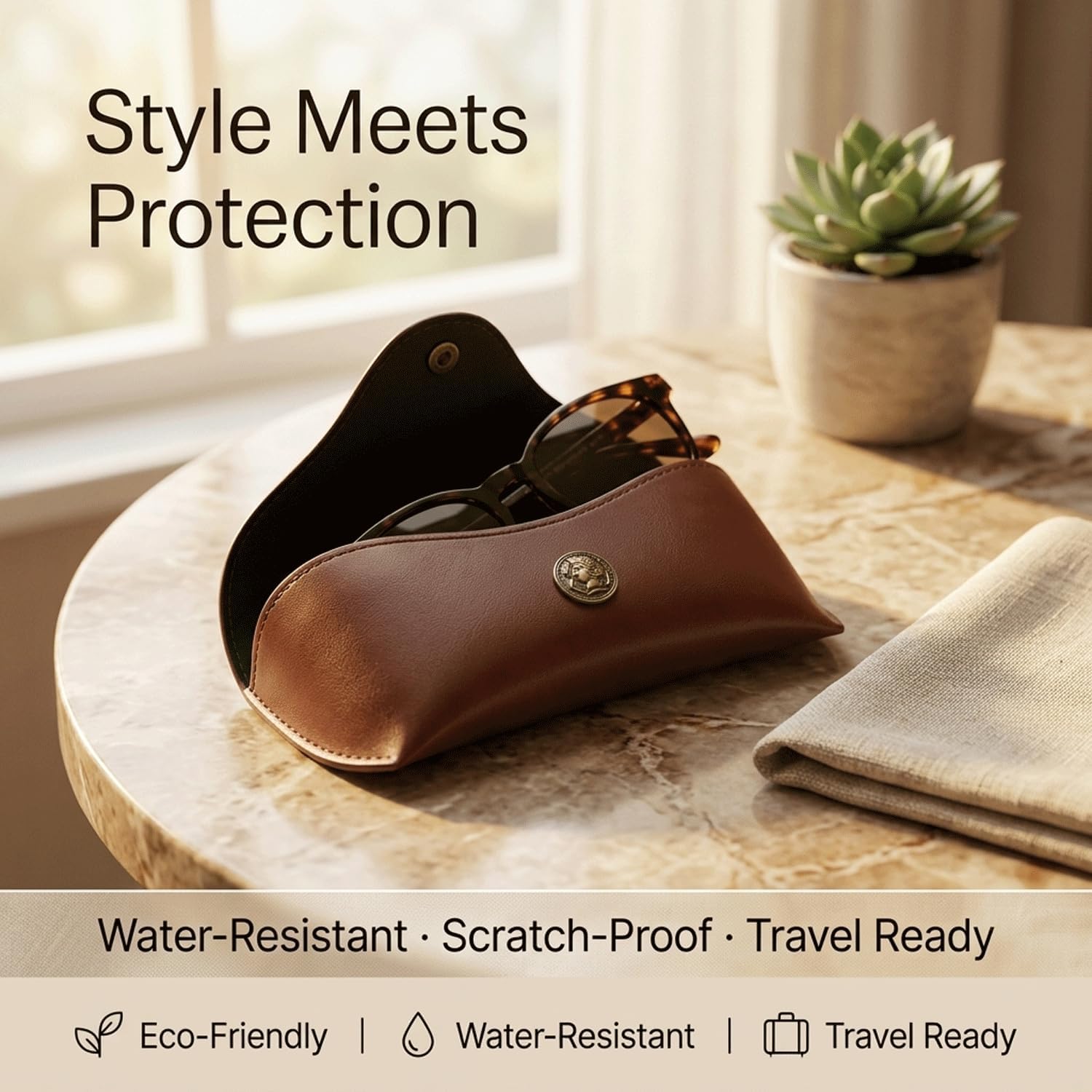 Leather Sunglasses Case, Portable Eyewear Protector, Slim Glasses Holder, Hard Shell, Vegan PU Leather, Travel Eyeglass Box for Men Women