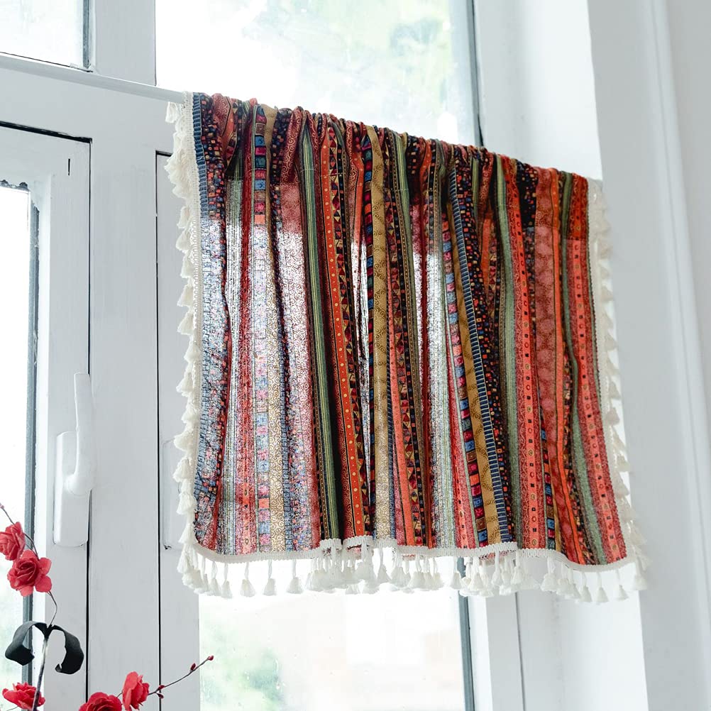 ACMHNC Zazdrostka w stylu vintage, boho, do kuchni, w stylu wiejskim, bistro, bawełna, len, krótka firanka z frędzlami, do kawiarni, do salonu, dekoracja okienna, 1 sztuka, czerwona, szer. x wys. 150 x 180 cm