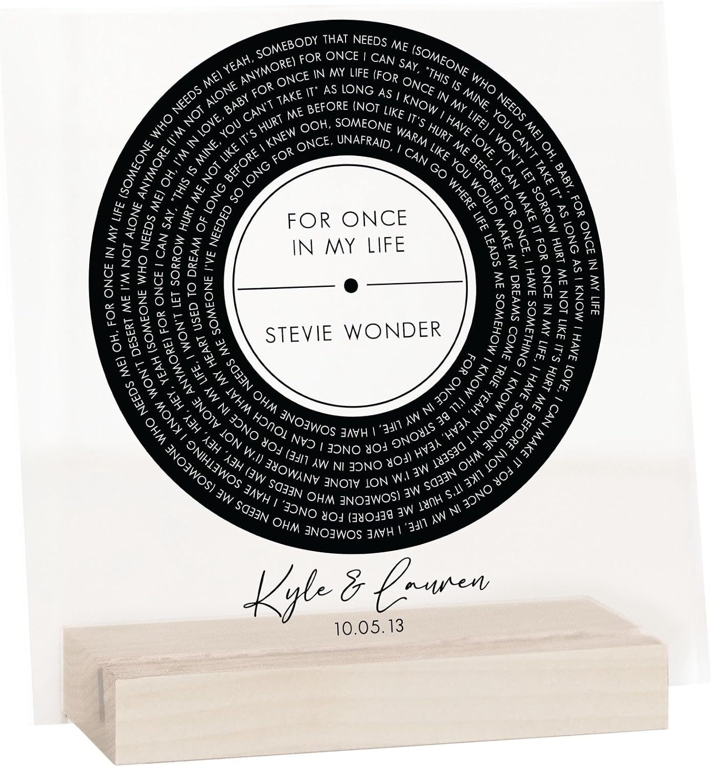 Custom Acrylic Vinyl Record Decor – Personalized Song Lyric Keepsake with Stand (5"x5", Style 4, Blonde Wood Stand)