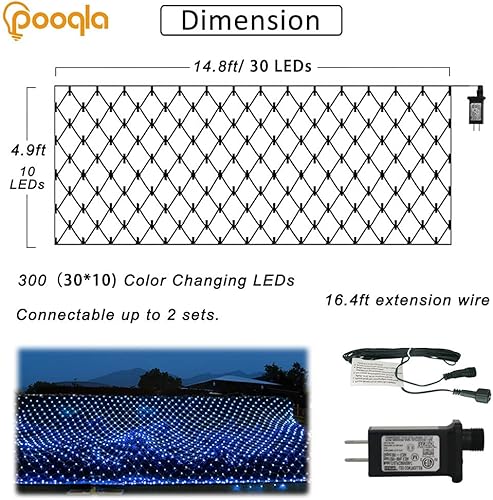 Miniatura 4 de Pooqla Luces de red, 300 luces LED de malla para exteriores, 14.8 x 4.9 pies, cadena de luces de malla con 8 modos de alambre verde, luz decorativa