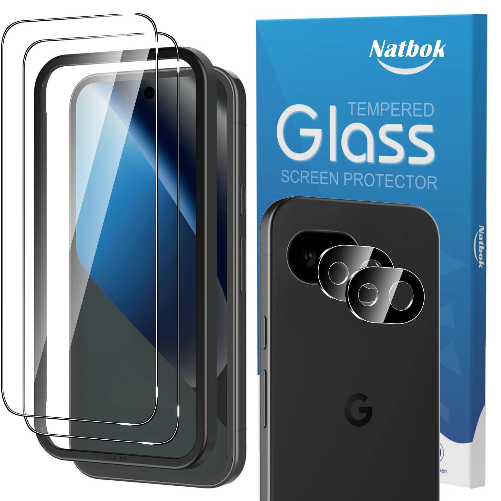 Natbok 2+2 Pack for Google Pixel 10a Screen Protector with Camera Lens Protector，Full Coverage 9H Tempered Glass Film,HD Clear Scratch Resistant,Bubble-Free for Pixel 10a Screen Protector