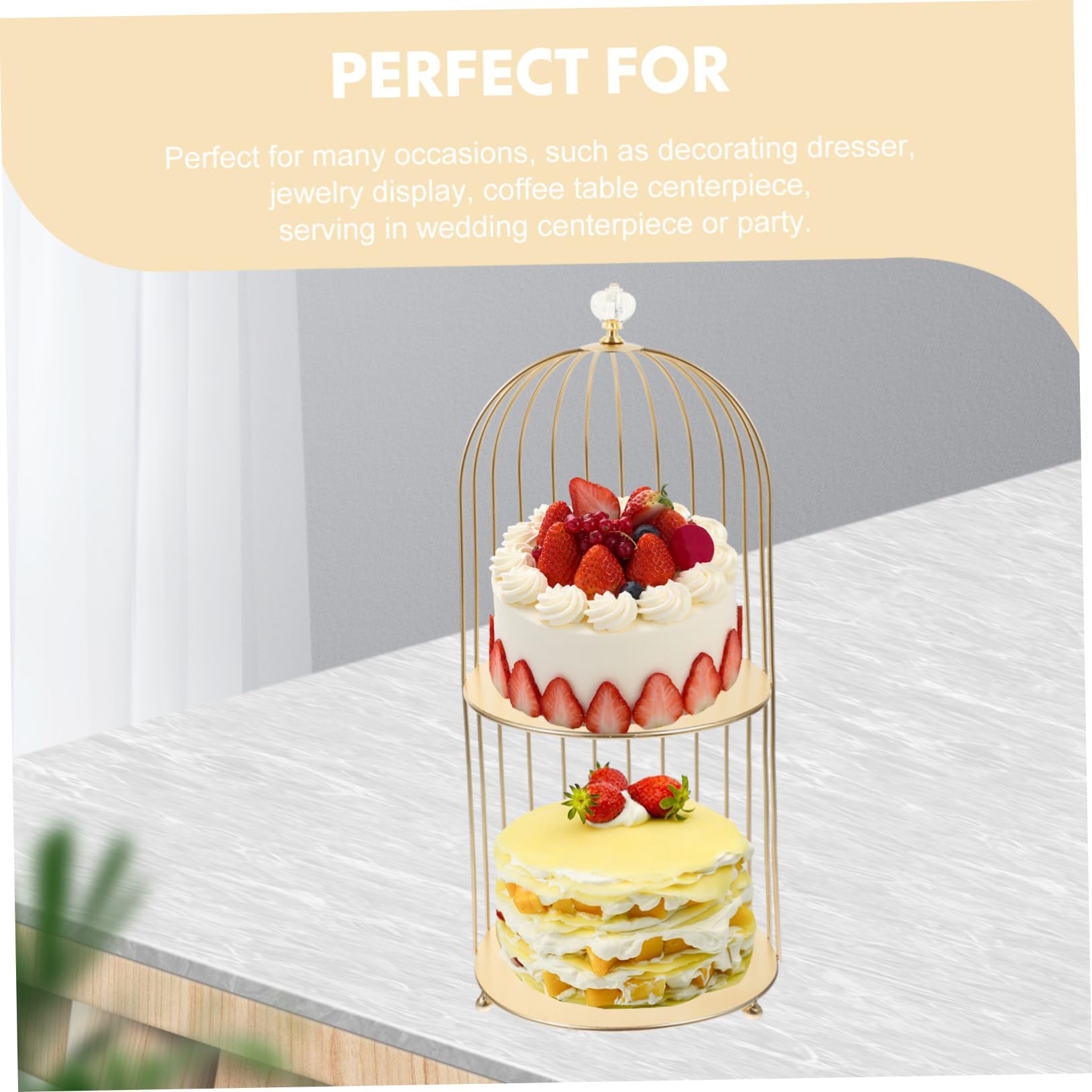 LABRIMP Goldener Vogelkäfig Doppelschicht Dessertständer und Make Up Organizer aus Eleganter Kosmetikhalter Platzsparendes Aufbewahrungsregal für Hochzeit Party und Schreibtisch