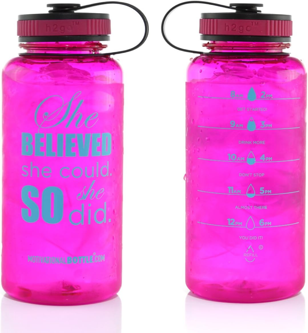 Motivational Bottle 34oz Fitness Workout Sports Water Bottle with Unique Timeline | Measurements | Goal Marked Times For Measuring Your Daily Water Intake, BPA Free Non-toxic Tritan (pink)