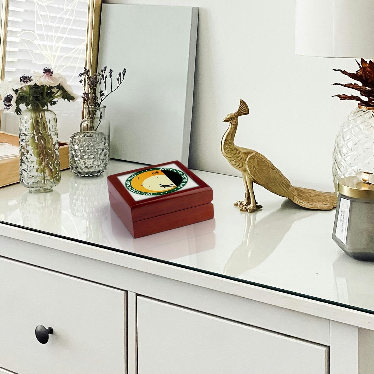 3dRose Putt Plastic In Its Place 10 silhouette of frisbee disc golfer putting with birds flying, Jewelry Box jb-21106-1