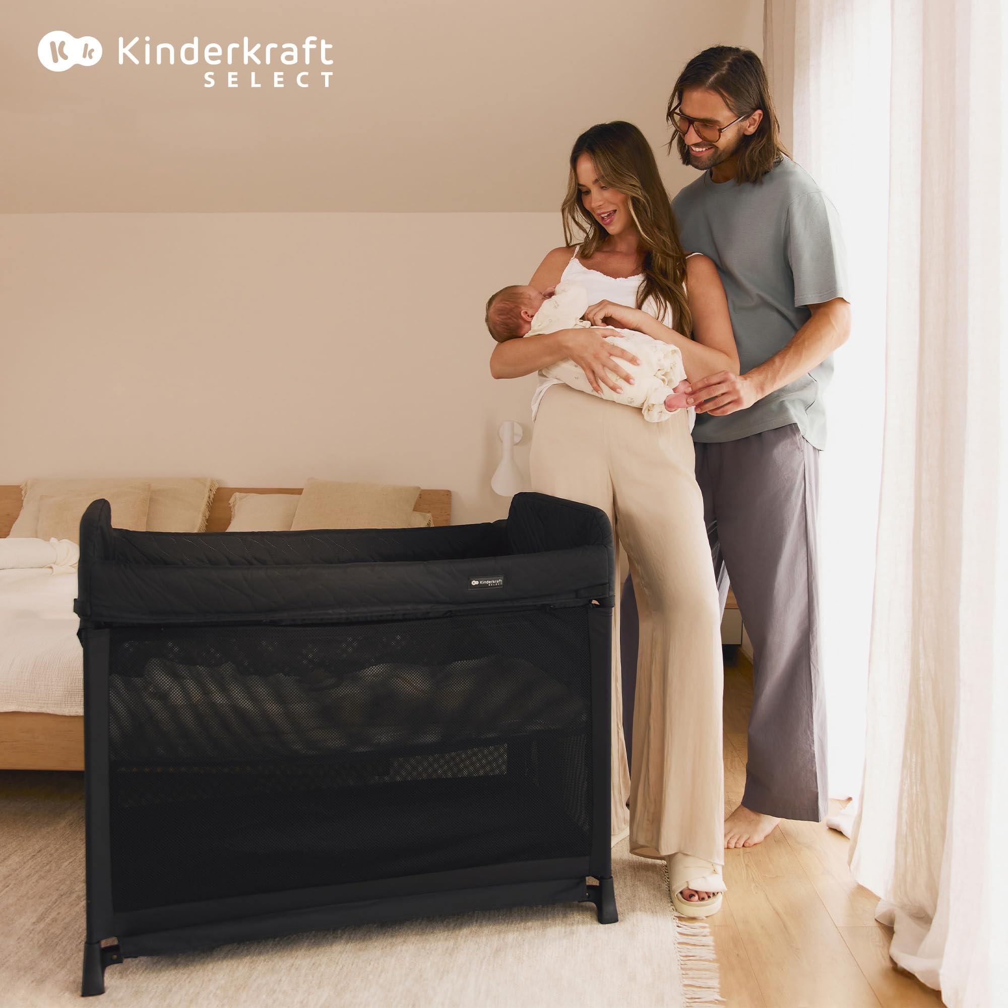 Kinderkraft Moon Dream, Cuna de Viaje Desde el Nacimiento hasta los 3 años, Cuna de Dos Niveles, se pliega fácilmente con una Sola Mano, Incluye colchón y Bolsa de Transporte, fácil de Limpiar, Beige