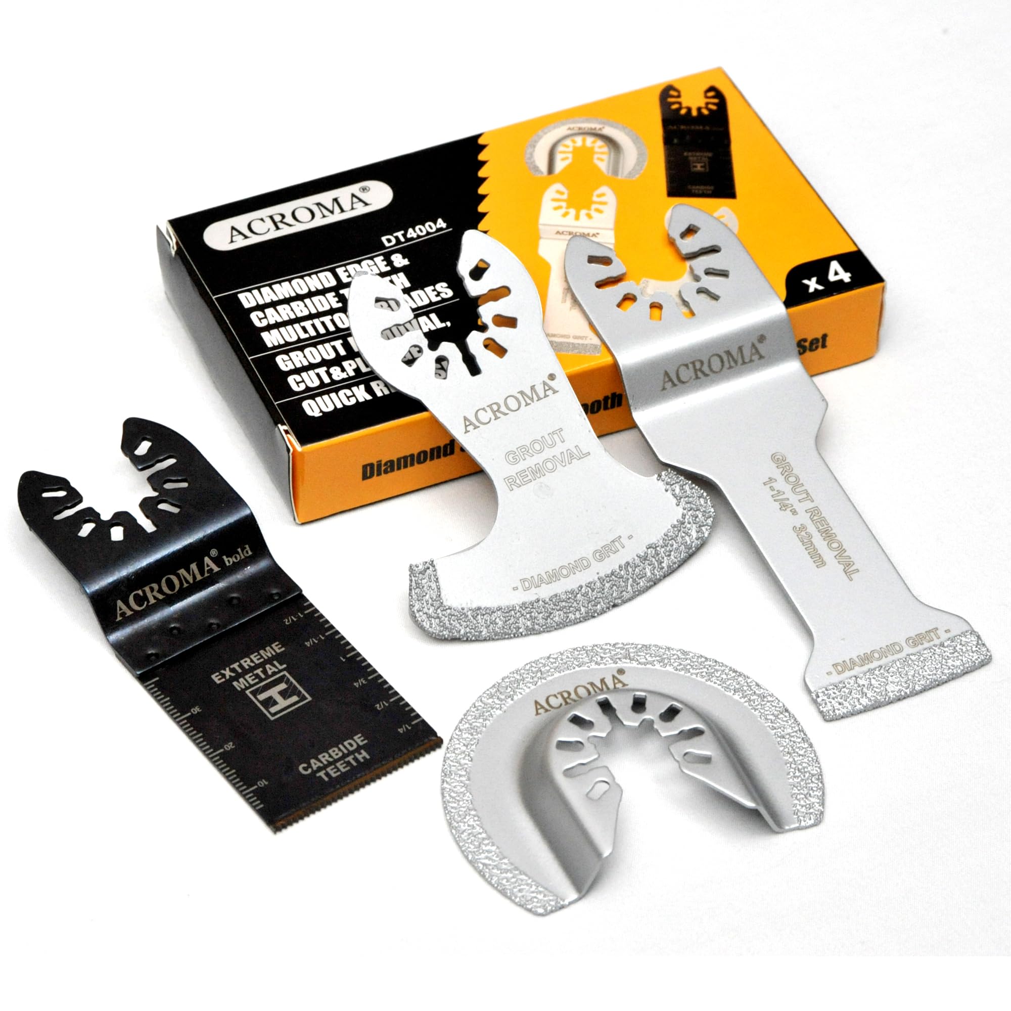 Acroma Pro 4-Piece of Carbide and Diamond Oscillating Tool Blade Set for Precise Grout Removal, Mortar Cutting and Hard Metals Cutting