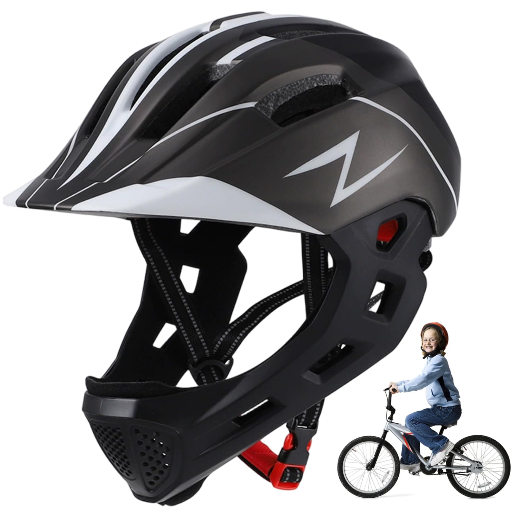 Casco Integral Infantil a Prueba de Golpes para Bicicleta, con luz Trasera, Transpirable y Protector de Barbilla Desmontable para Patines, monopatín y Patinete.