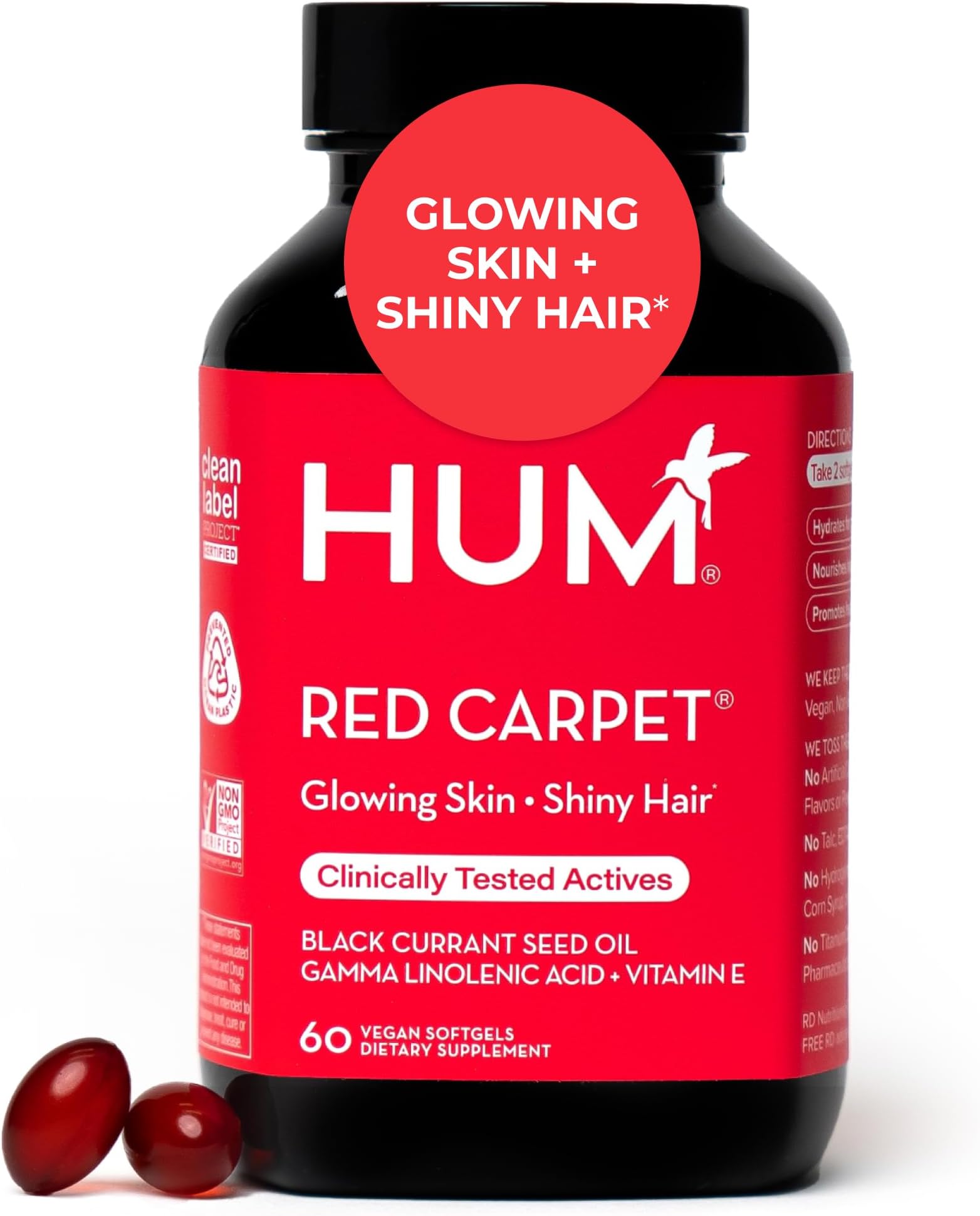 Red Carpet - Skin & Hair Supplement - Black Currant Seed Oil for Glowing Skin & Strong Thicker Hair with Vitamin E & Omegas 3/6 - Hair Growth Vitamins for Women (60 Vegan Softgels)