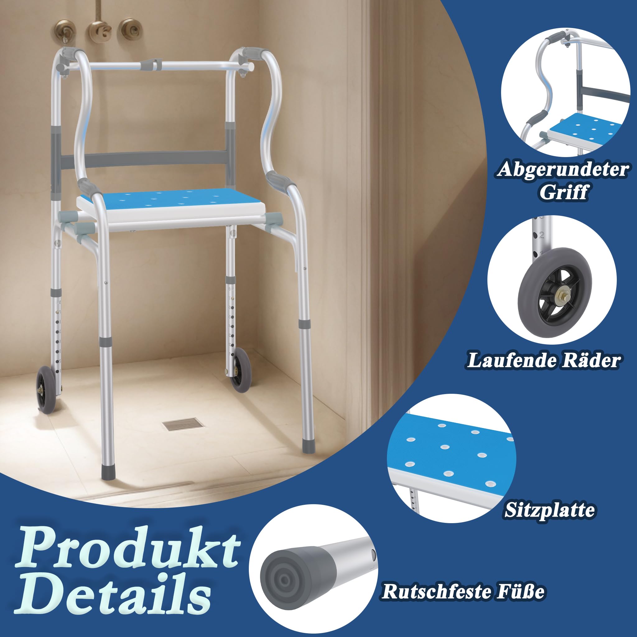 Aufun Pomoc w chodzeniu dla seniorów, lekki aluminiowy chodnik, wózek z regulacją wysokości, z 2 kółkami skrętnymi i ergonomicznymi uchwytami, antypoślizgowa stabilność, wąski rollator do mieszkania