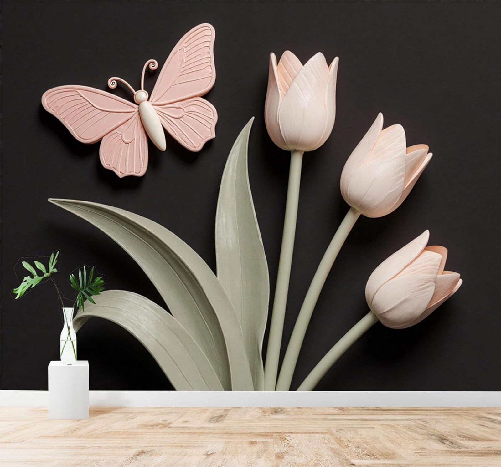 XLMING Simple Beautiful Pink Butterflies Tulips Green Leaves 3D Wallpaper Premium Textured Silk Study Dining Living Room Bedroom Sofa TV Wall Easy Install-250cm×170cm
