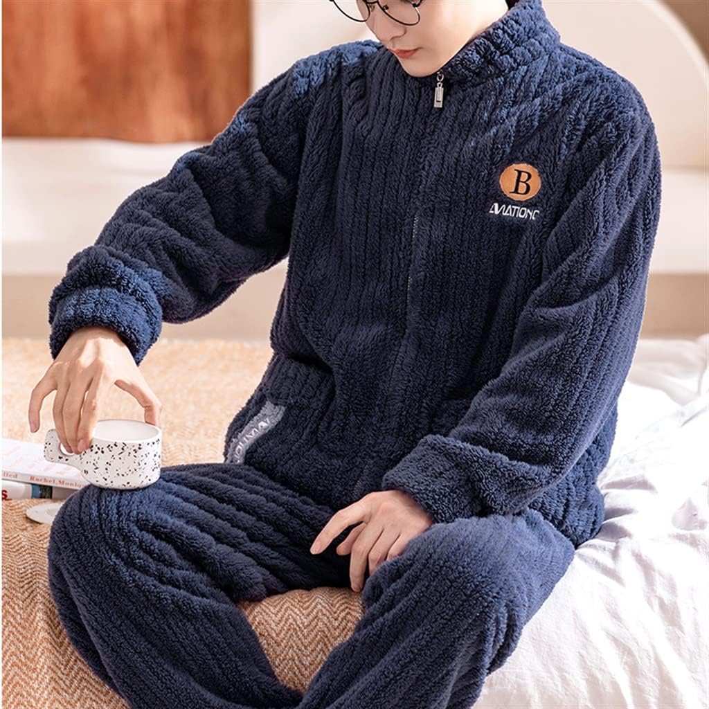 Men's Winter Coral Fleece Thickened and Autumn and Flannel Casual Cardigan Homewear Suit