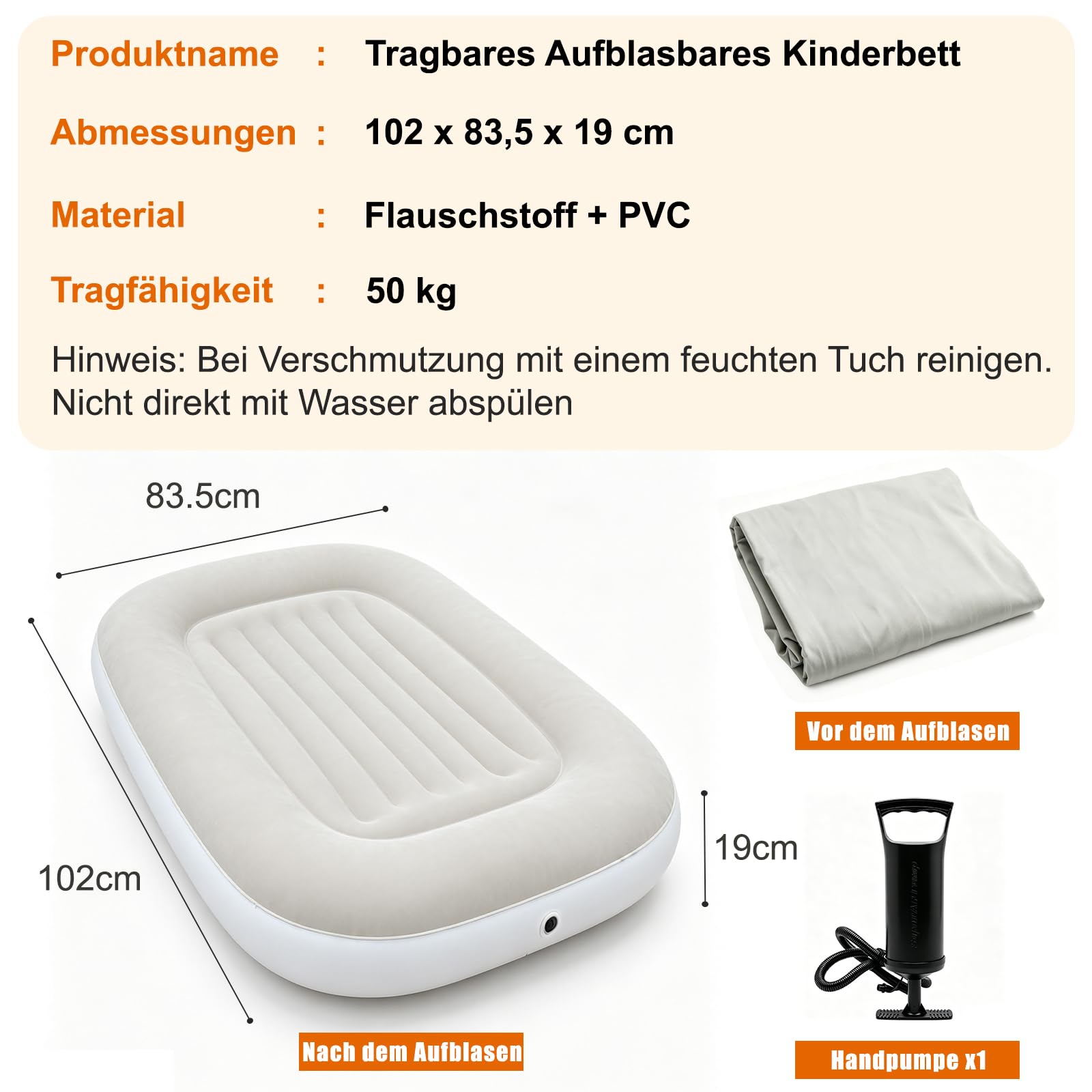 Kinder Luftbett aufblasbar mit Handpumpe, weiche beflockte Oberfläche, Reisebett für Kleinkinder
