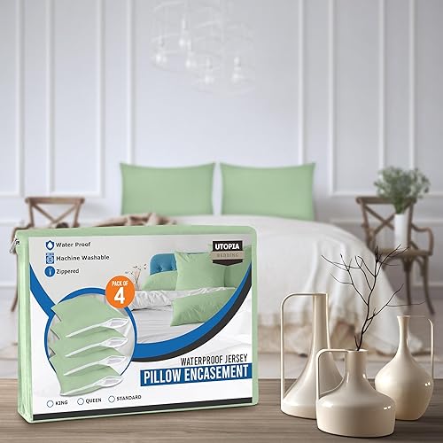 Miniatura 7 de Utopia Bedding Protectores de almohada impermeables con cremallera (paquete de 4, salvia) tamaño Queen, fundas de almohada a prueba de chinches,