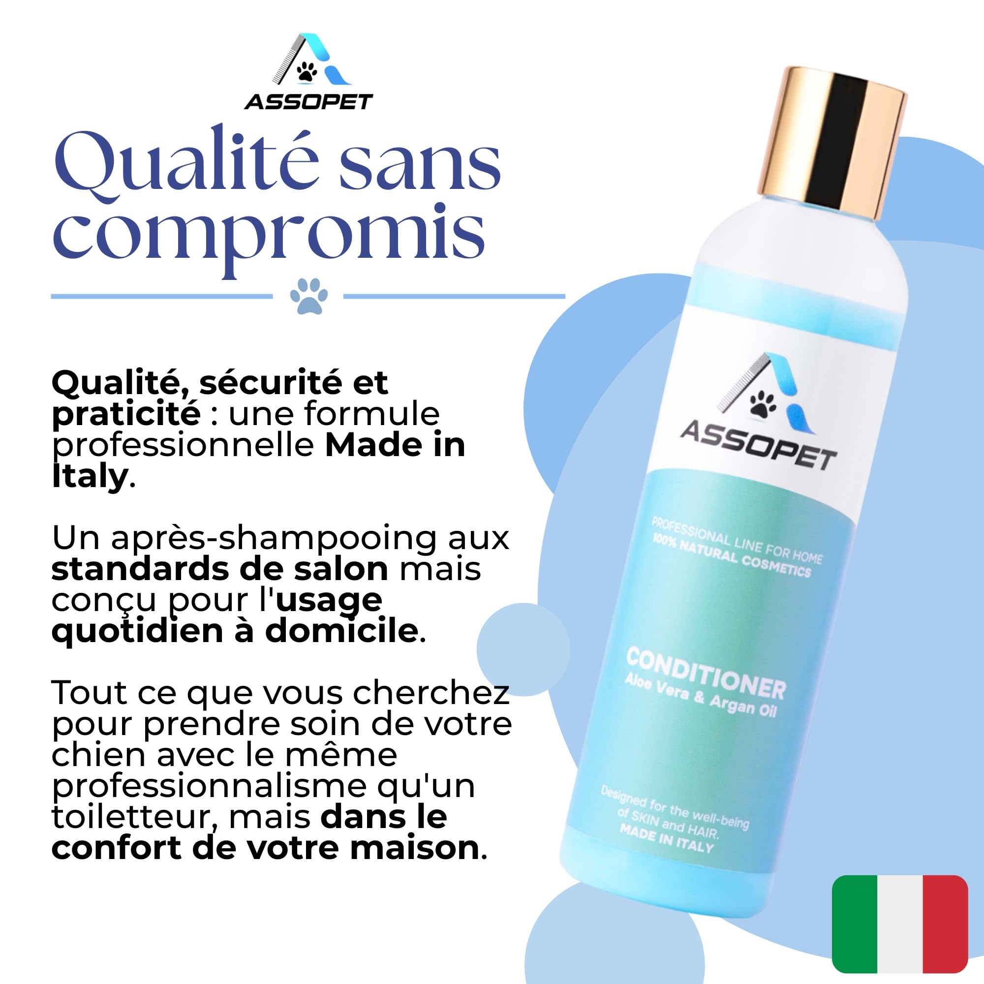 Baume pour Chiens 250ml – ASSOPET – Après-Shampoing Chien Naturel à l'huile d'Argan Bio et Aloe Vera Bio – Adoucissant, Démêlant et Brillant – Sûr, Doux, Vegan, Made in Italy