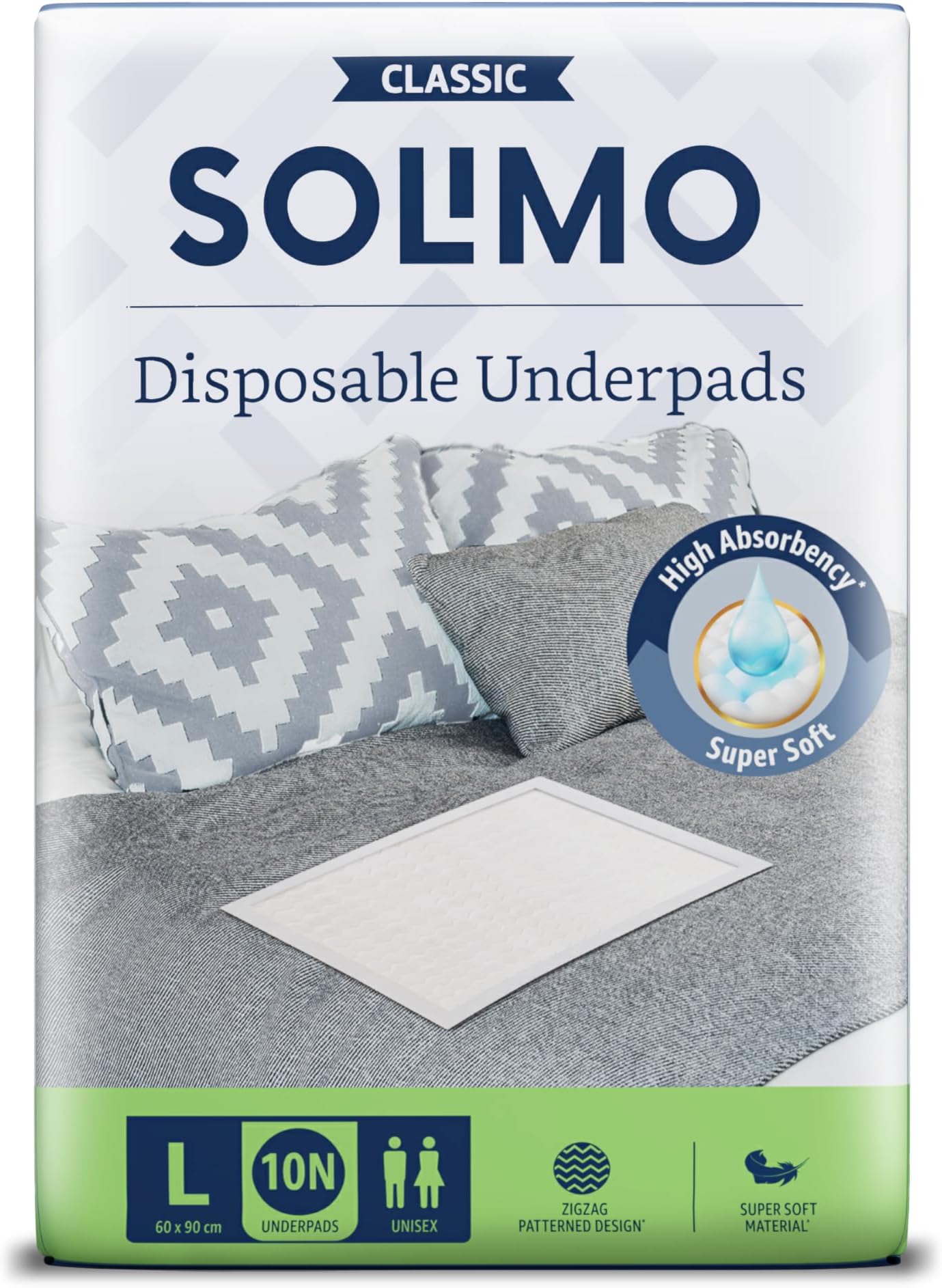 Amazon Brand - Solimo Classic Disposable Underpads | Large Size | Count 10 | 90 X 60 cm | High Absorbancy | Super Soft | Unisex | for Men & Women