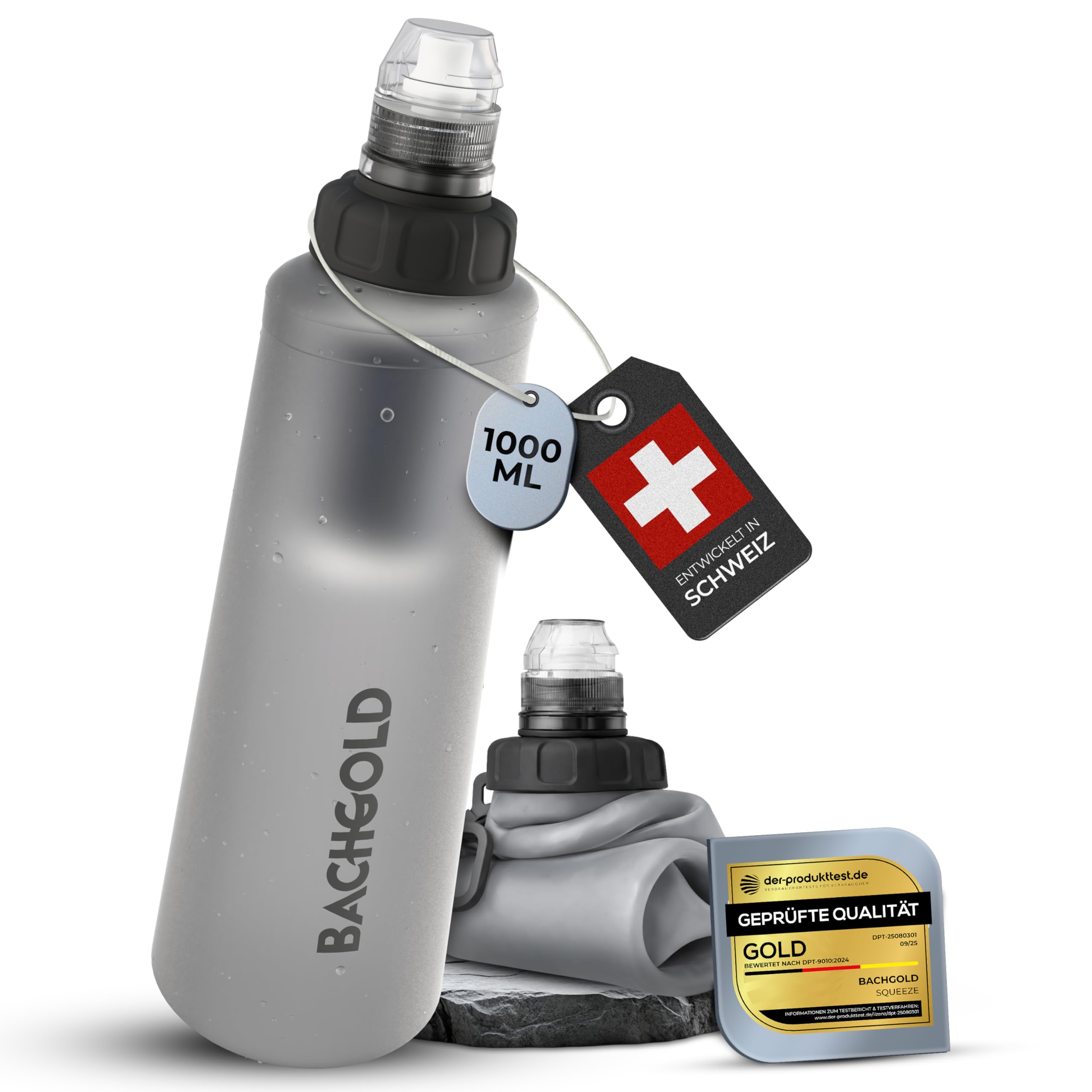 Bachgold® Squeeze Wasserfilter Outdoor – Ultraleichter Trinkwasserfilter mit Virus-Filtration für Camping, Survival, Notfall, Bushcraft | Filtert Viren, Bakterien & Mikroplastik (Weiss, 1000ml)