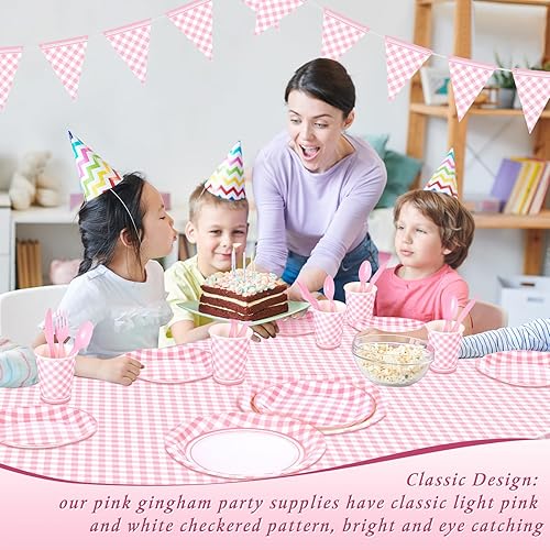 Miniatura 5 de Preboun 198 piezas de suministros de fiesta de cuadros azul claro y blanco para 24 invitados, mantel a cuadros azul con banderín, banderín, plato,