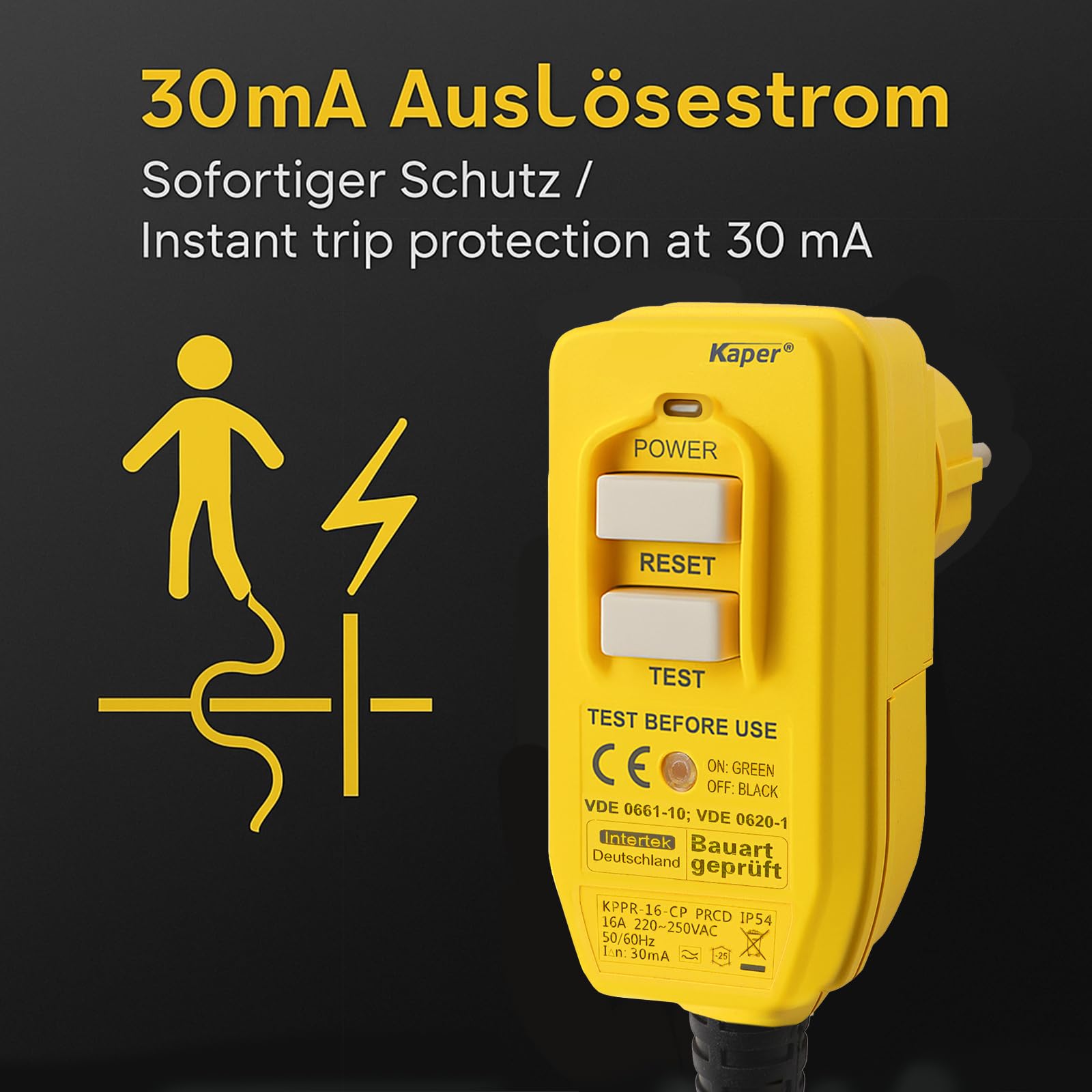 Kaper PRCD - Spina di protezione personale, 16 A, 230 V, IP54, interruttore di sicurezza portatile FI con corrente di attivazione da 30 mA. Impermeabile per cantieri, giardini, campeggio e officina