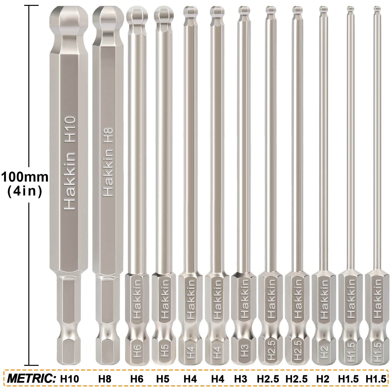 Ball End Allen Key Bit Set Hakkin 100mm Metric Ball End Hex Bits S2 Steel 1/4” Hex Shank Magnetic Allen Wrench Screwdriver Bit with Bit Driver for Furniture Assembly H1.5-H10 - Image 3
