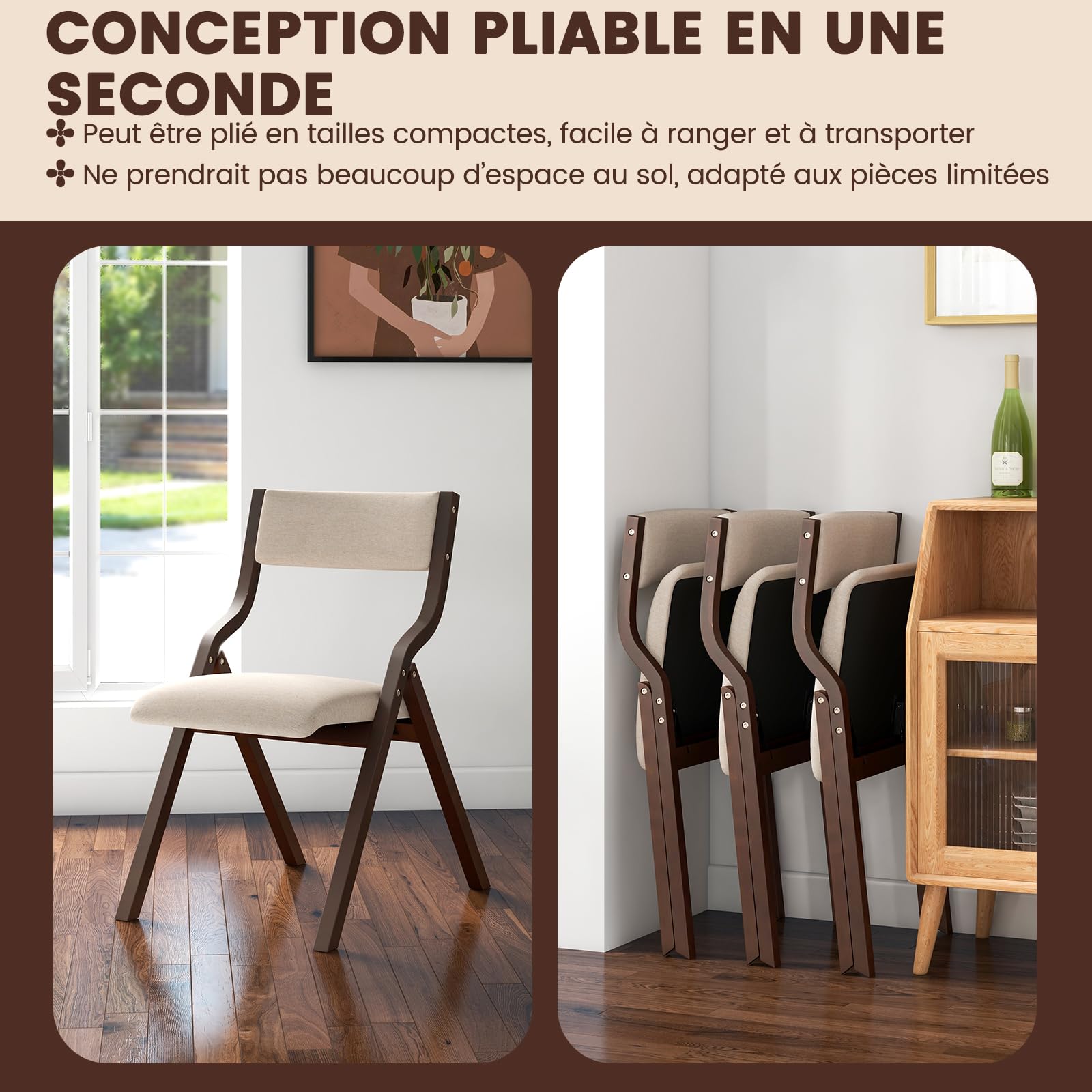 RELAX4LIFE Lot de 2 Chaise Pliante Bois, Chaise Pliable Salle a Manger avec Siège Rembourré, Cadre Courbé, Housse en Lin, Peu Encombrante, pour Cuisine, Salle à Manger, Bureau (Noyer,1)