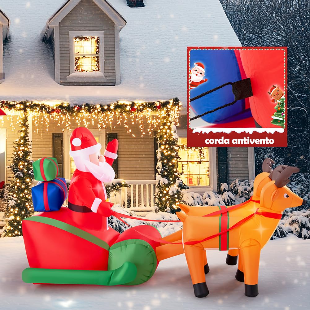 BAKAJI Babbo Natale Gonfiabile su Slitta con 2 Renne, Decorazione Natalizia Autogonfiabile, Lunghezza 240 cm con Kit di Fissaggio per Esterno, Illuminazione LED con Protezione IP44, Addobbo Natalizio