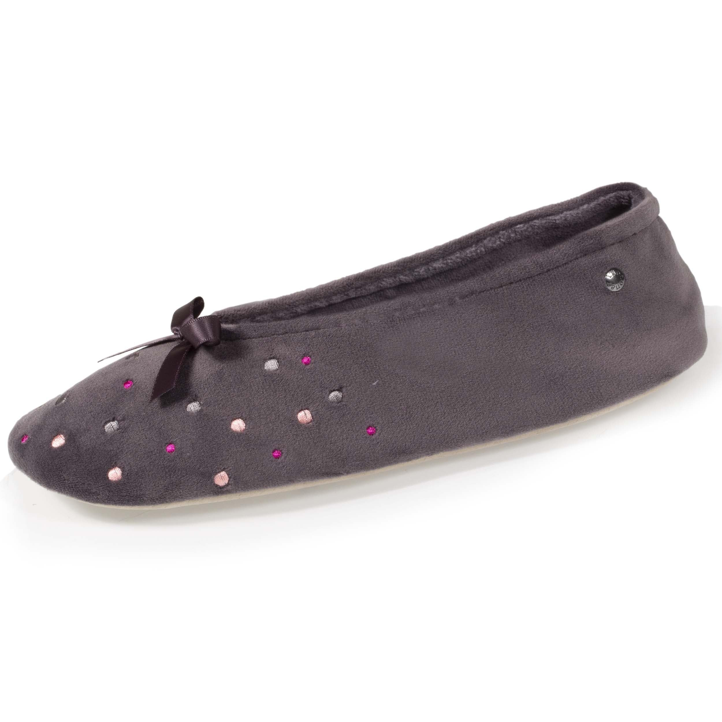Isotoner Chaussons pantoufles Ballerines femme brodée pois, 39/​40, gris foncé