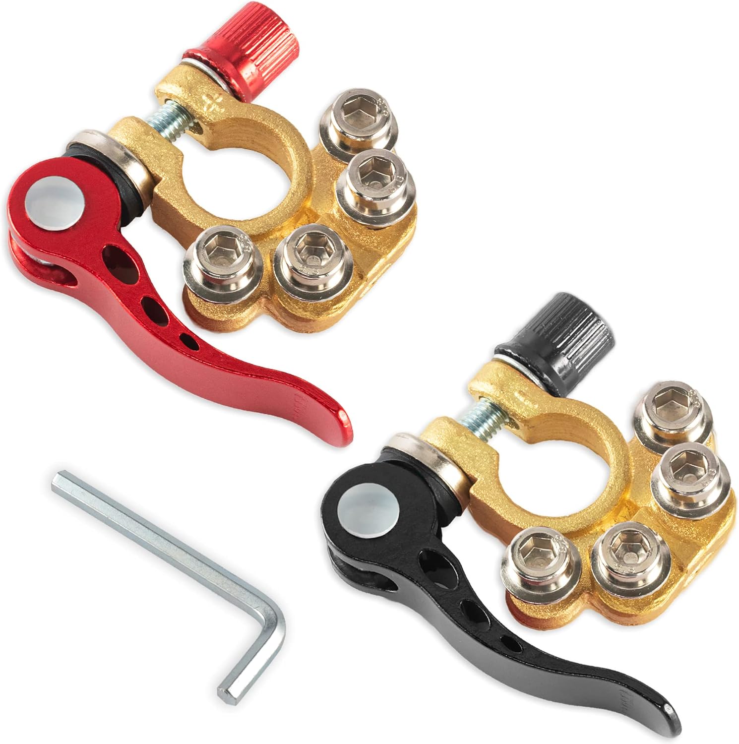 SINGARO Car Battery Terminal Connector, 4 Way Positive and Negative Pole Quick Release Terminal Clip, Applicable to SAE/JIS A Type Terminal Post, Compatible with Cars, Trucks and More(Gold-B)