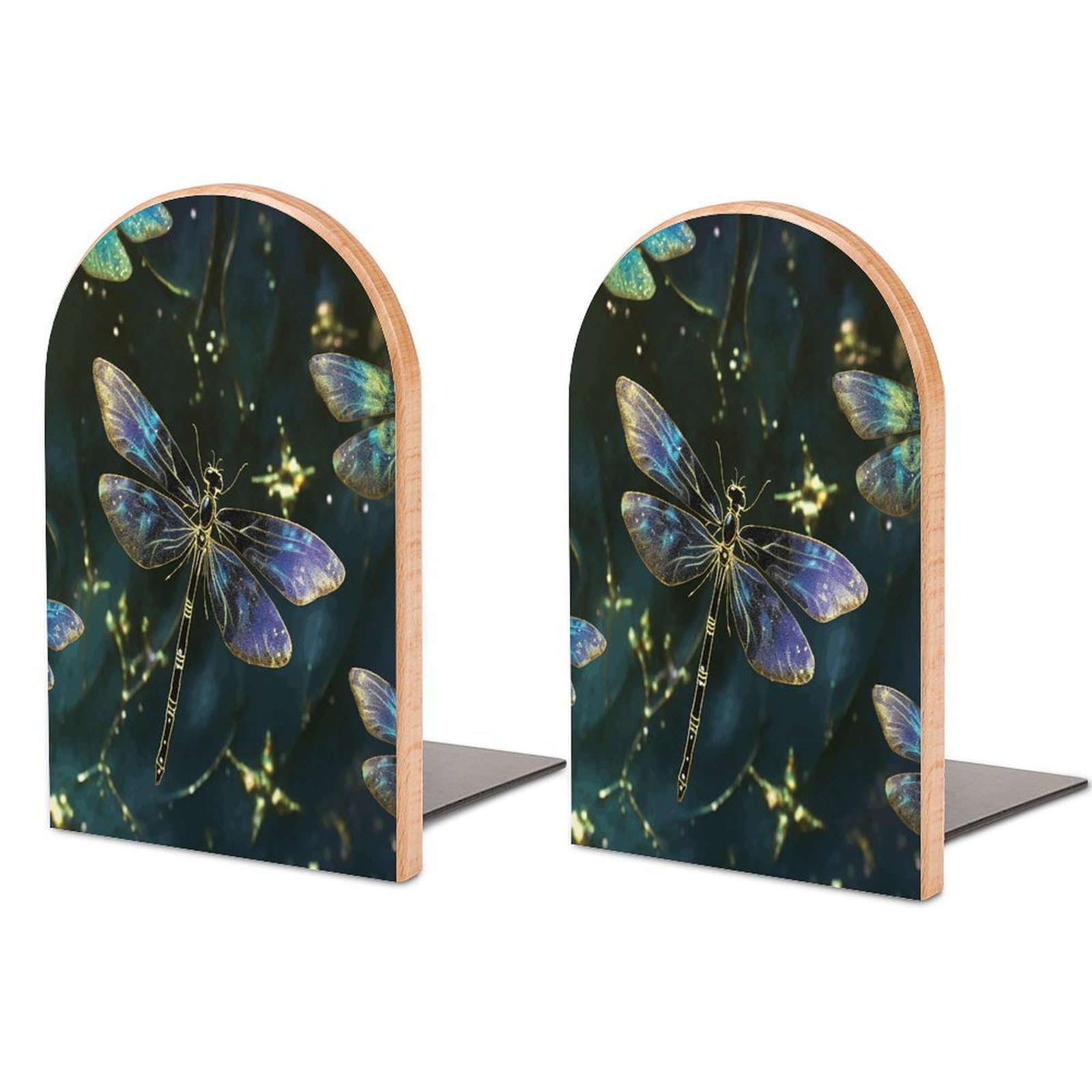 Dragonfly Bookend Wood Book End for Shelves Heavy Duty Non-Slip Wooden Bookend Support Universal Economy Bookends Fancy Modern Decorative Book Accessories 1 Pairs