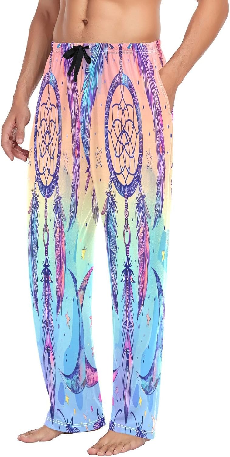 ALAZA Rainbow Dreamcatcher Moon Men's Pajama Pants Men Cotton Pajama Bottoms with Pockets, S