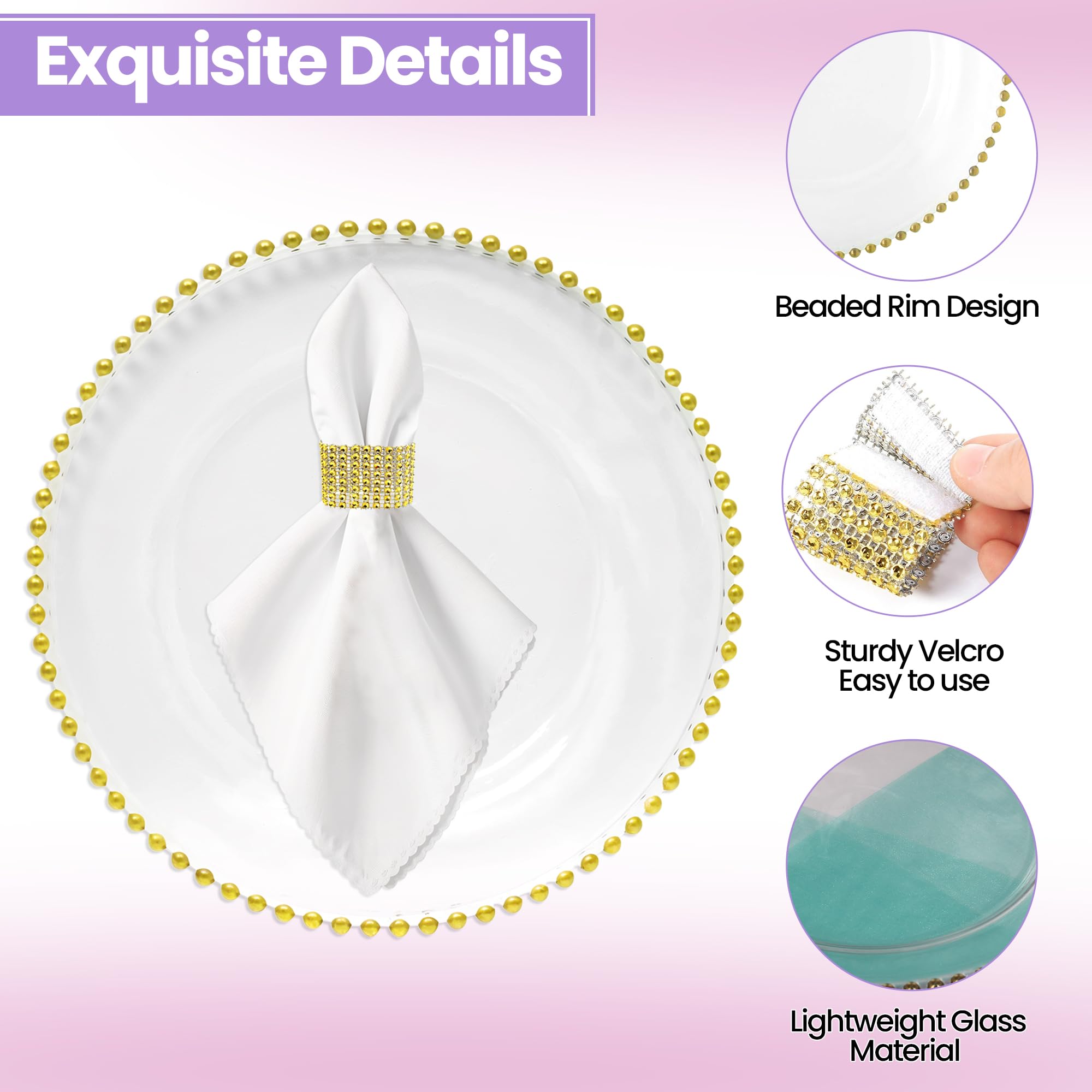 Elegante juego de platos de cristal transparente y servilleteros dorados, 10 piezas, diseño de cuentas, platos de 33 cm para bodas, cenas, fiestas y eventos, mesa reutilizable y manteles individuales