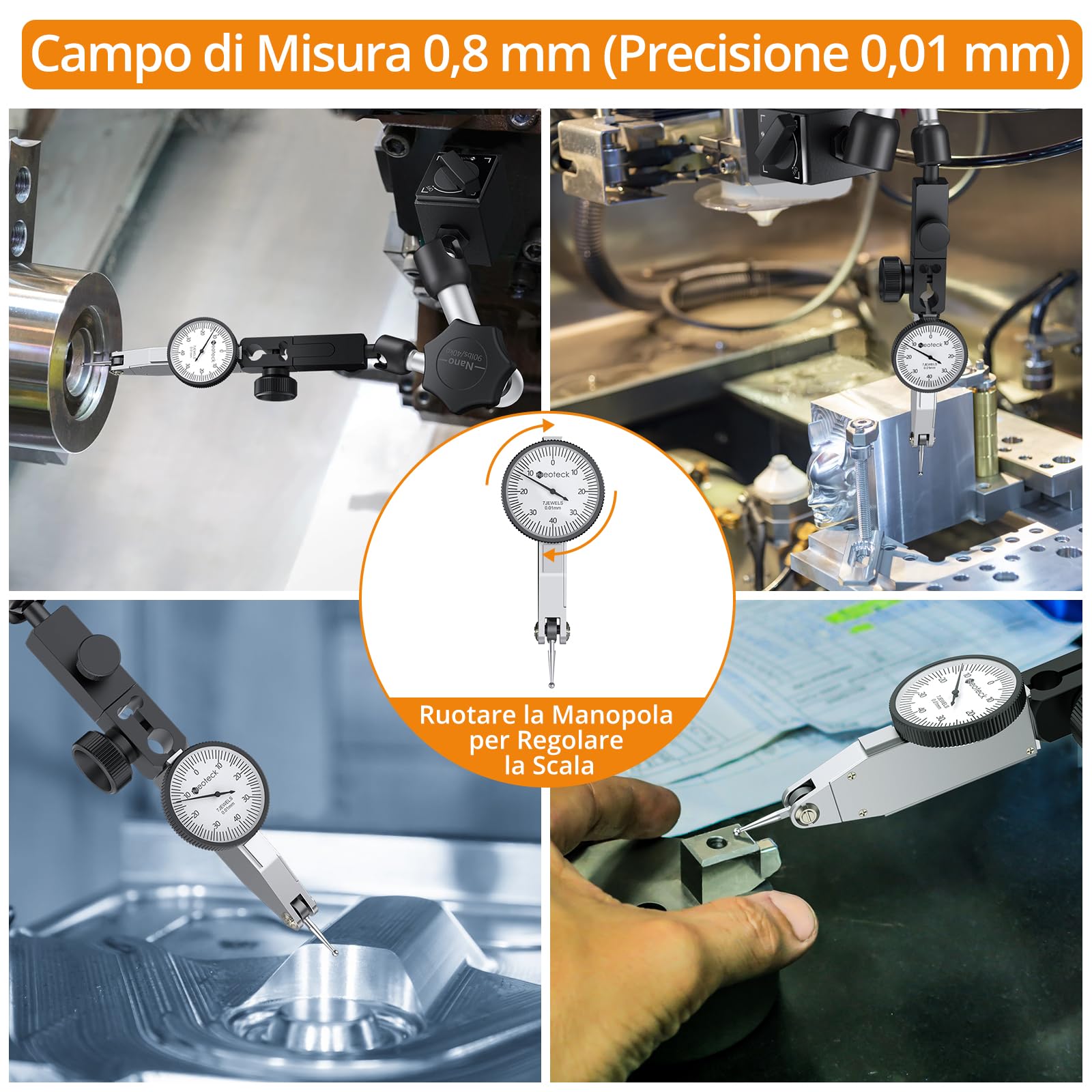 Neoteck Indicatore Digitale a Quadrante 0~0,8 mm con Supporto Magnetico Comparatore a Leva con Sonda Rotazione di 270° Indicatore di Prova a Quadrante per Laboratori di Meccanica Industriale