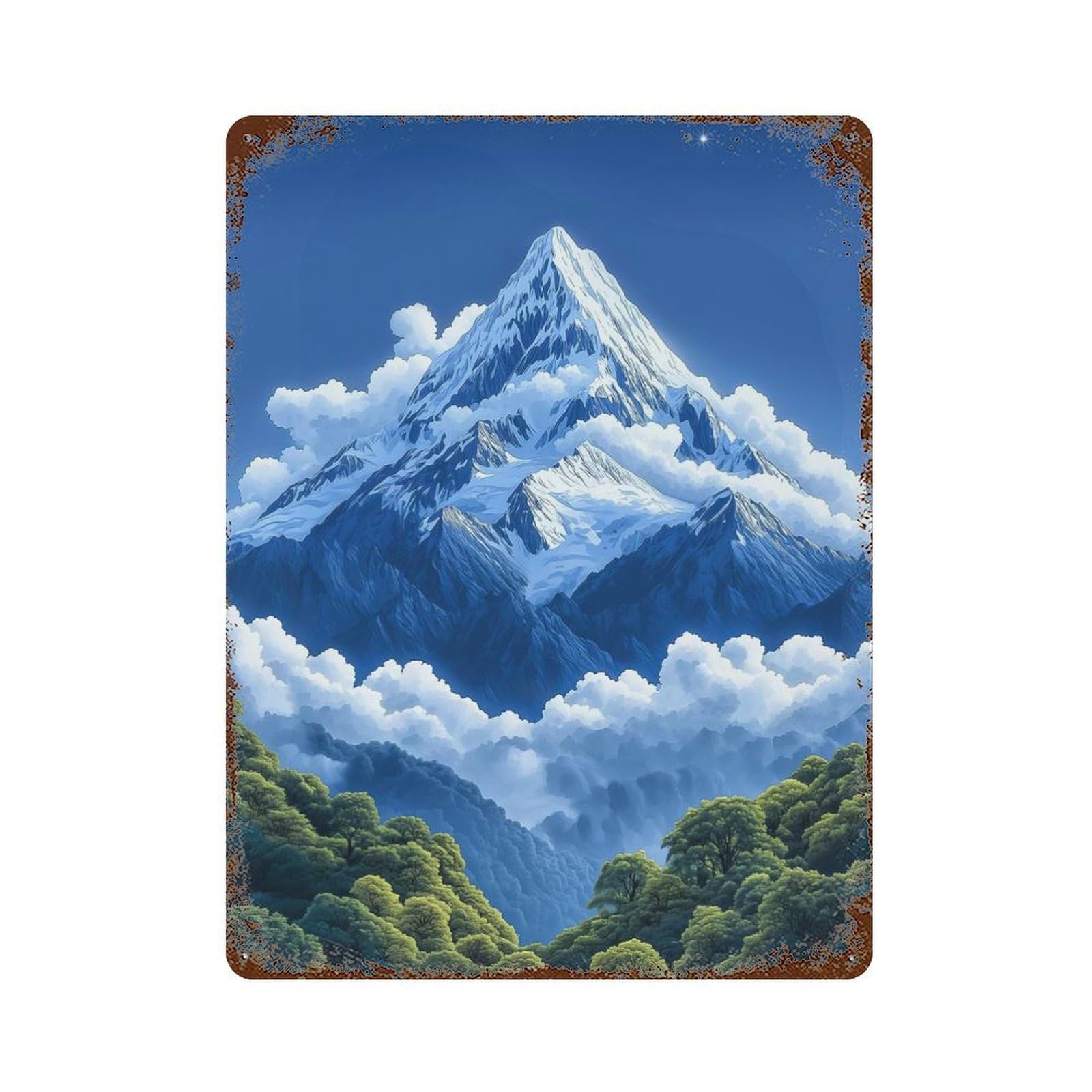 Rust Effect Snowy Mountain Peak Decorative Tin Sign 15.7"x11.8", Classic Wall Plaque for Pub, Kitchen And Man Cave Decor