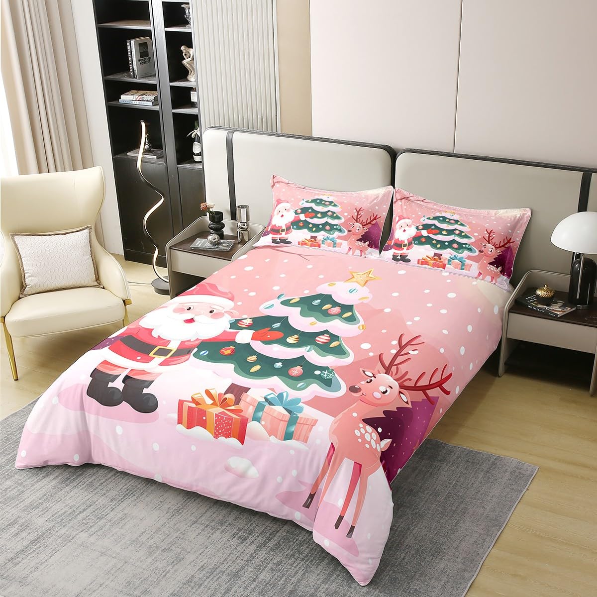 100% Cotton Christmas Queen Duvet Cover,Christmas Snow Tree Comforter Cover,Santa Claus Bedding Set for Kids Girls,Kawaii Moose Animal Quilt Cover,Cute Cartoon Bedspread Cover for Bedroom Decor,Pink