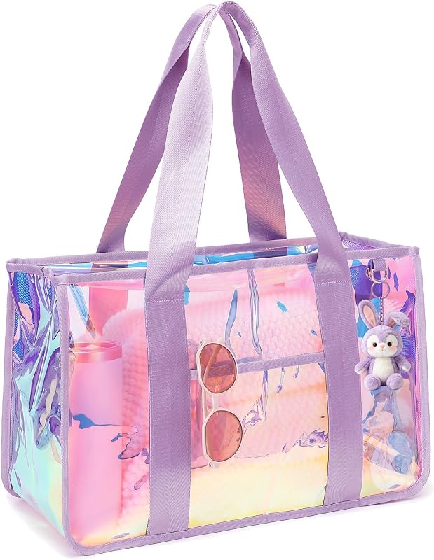 Iridescent Clear Beach Bags Waterproof Sandproof for Women, Large Jelly Tote Zipper Pool Bag Cruise Essentials 2026
