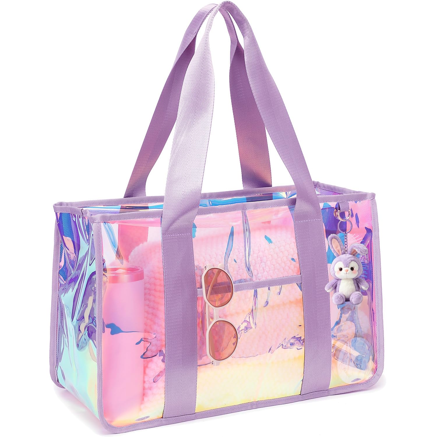 Fammart Iridescent Clear Beach Bags Waterproof Sandproof for Women, Large Jelly Tote Zipper Pool Bag Cruise Essentials 2026