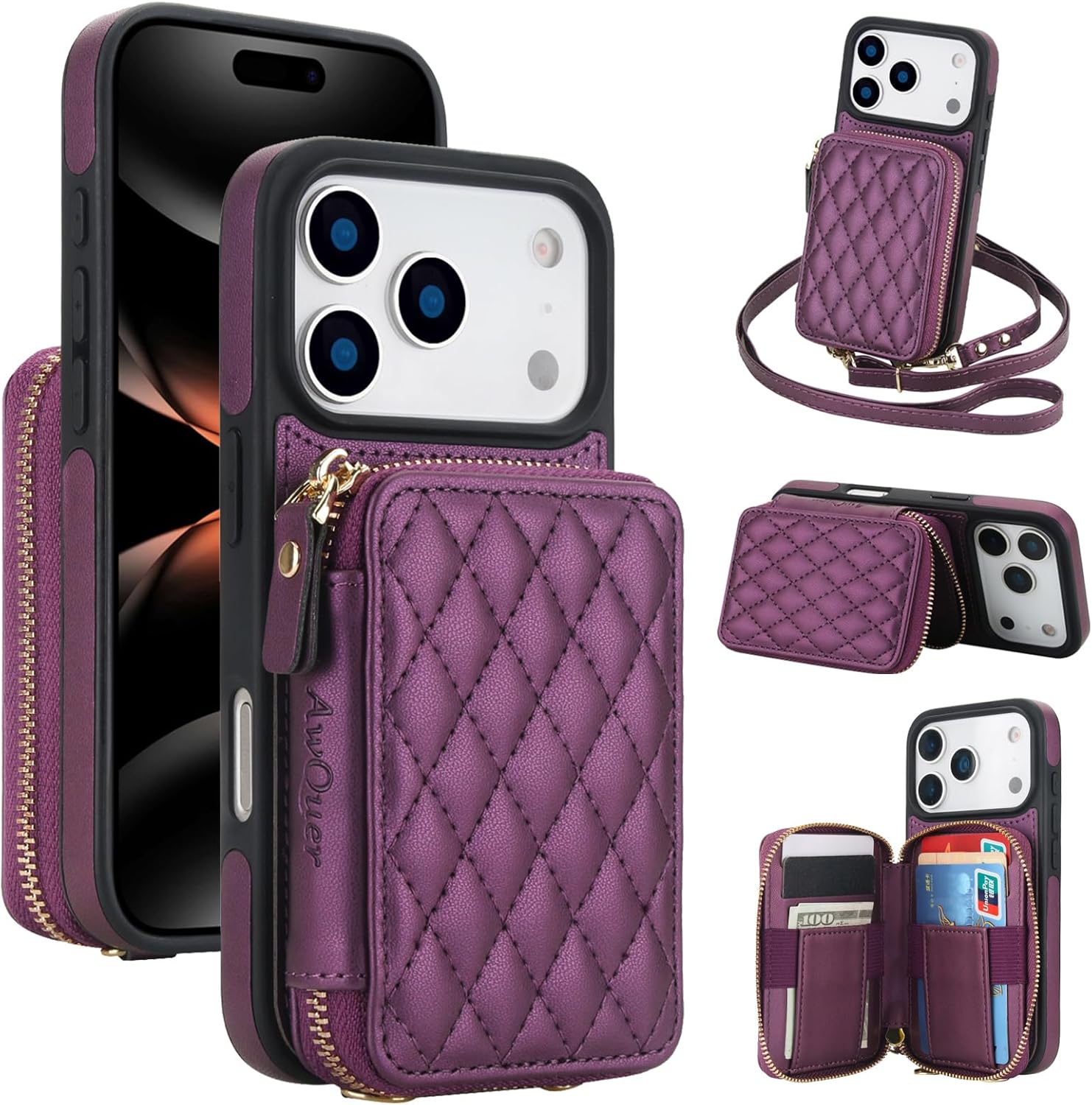 RFID Blocking Crossbody Zipper Wallet Leather Phone Case for iPhone 17 Pro Max Women (Dark Purple)