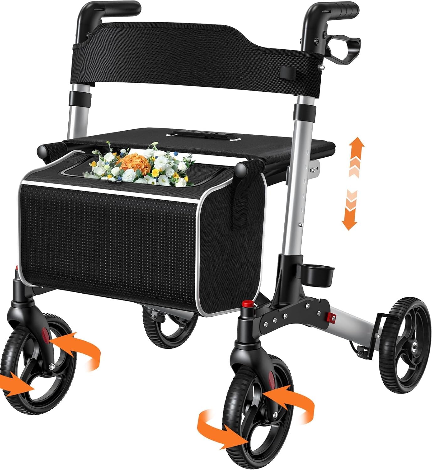 Andador con asiento, Andador de 4 ruedas plegable para adultos, Soporta hasta 136 kg, Sistema de doble freno, Ruedas de 8"", 6 niveles de altura ajustable, Bolsa extraíble y Respaldo – Plata
