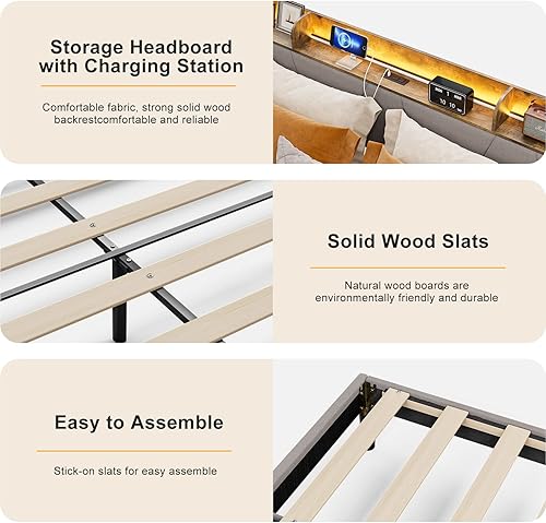 Vista 27 de IKIFLY Base de cama individual XL con cabecera de estante de almacenamiento y estación de carga, cama de plataforma tapizada con luces LED, listones