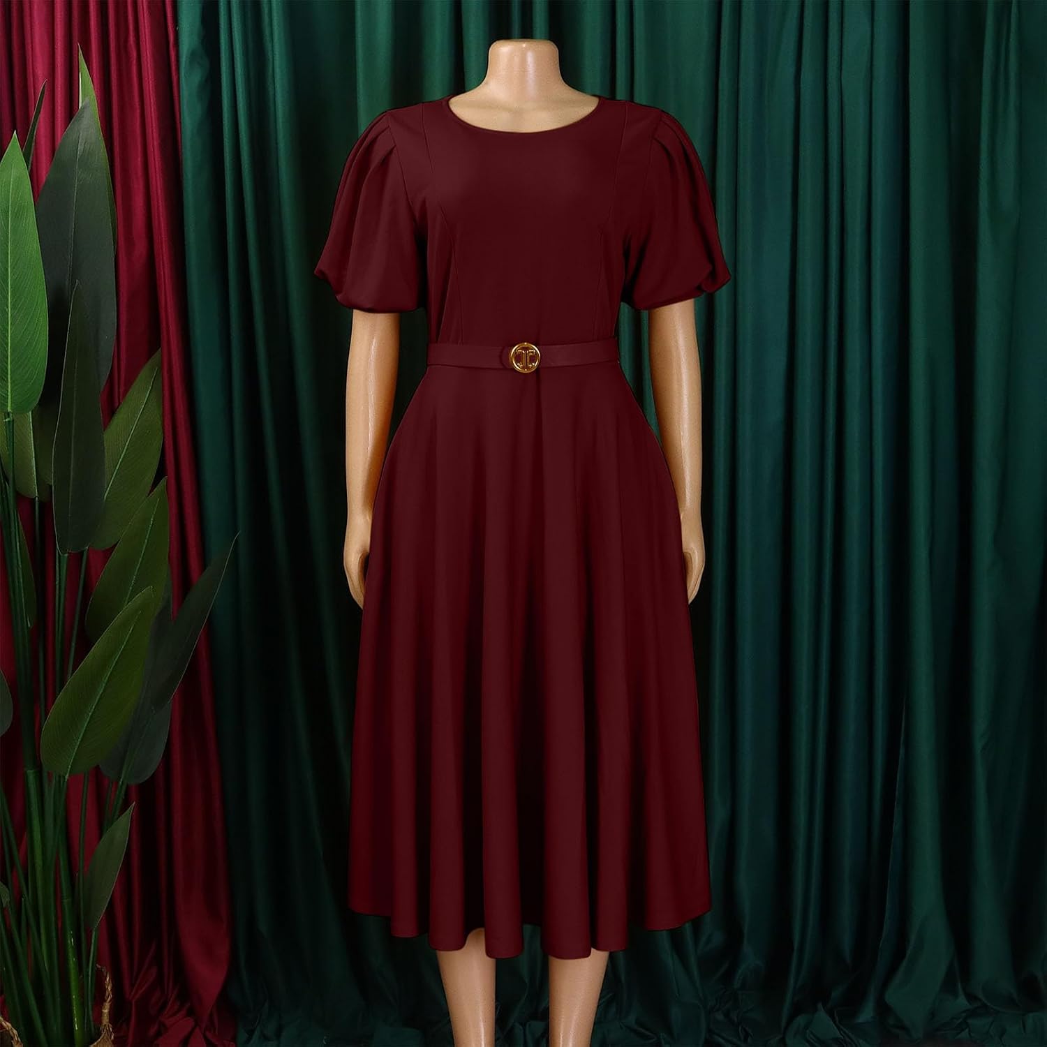 Womens Summer Dress Casual Midi Dresses Short Puff Sleeve Flare Dress Semi Formal Pleated Flowy Sundress with Pocket