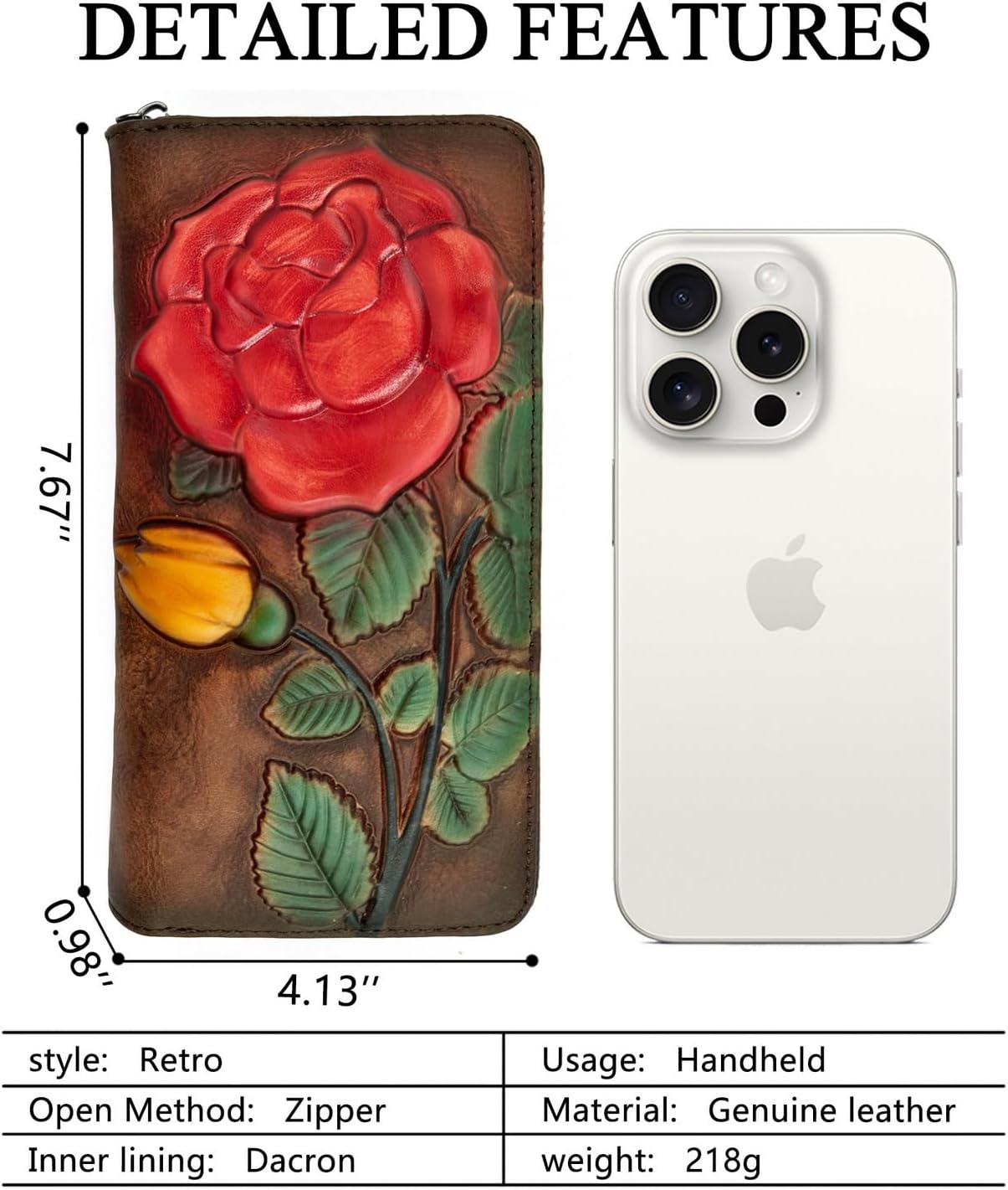 Wallet Genuine Leather for Women - with RFID Blocking Card checkbook ID Slot Large Capacity Vintage style (big rose coffee) - Image 6