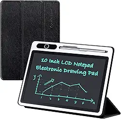 Tablet LCD de 10 polegadas, caderno de escrita eletrônico com capa protetora de PU, bloco de desenho apagável, presente para adultos em casa, escritório de negócios (preto