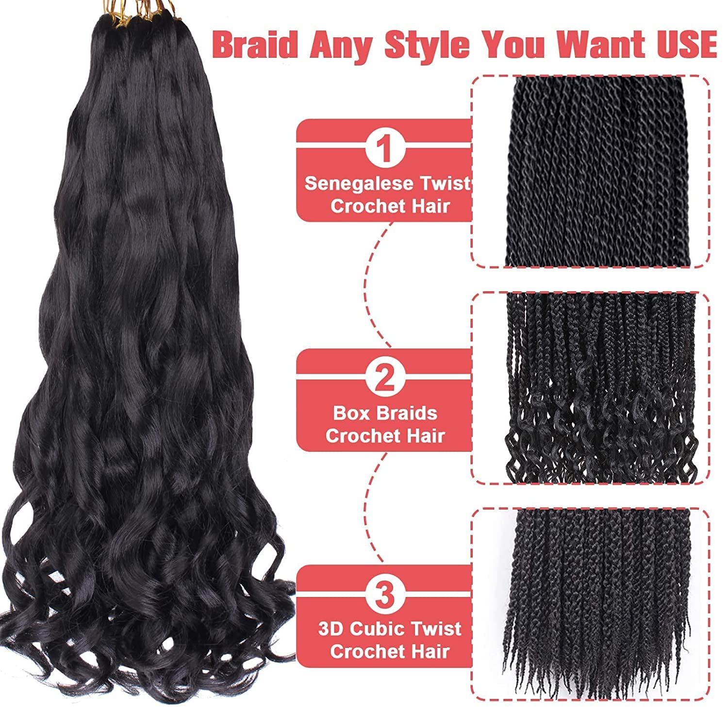 Xtrend 8 Packs 25CM Spanish Curly Braiding Hair Loose Wavy Hair Pre-Stretched Synthetic Hair Extensions for Box Braiding Crochet Hair 1B# - Image 3