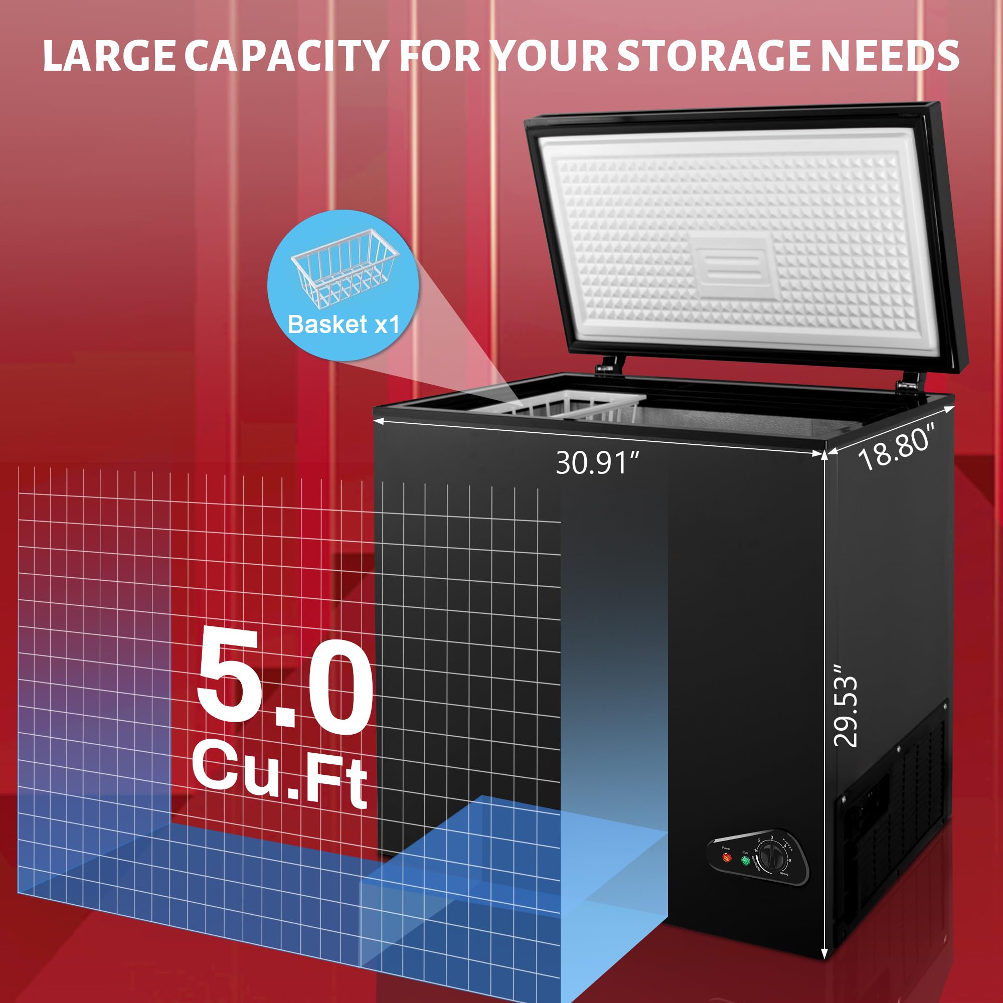 Rosmena Chest Freezer 5.0 Cu Ft, Mini Deep Freezer With Removable Basket, Freestanding Compact Small Freezer, Adjustable 6 Thermostat, Quiet Small Deep Freezer Top Open Door For Dorm/Home(Black) on Fridge.com - View 6
