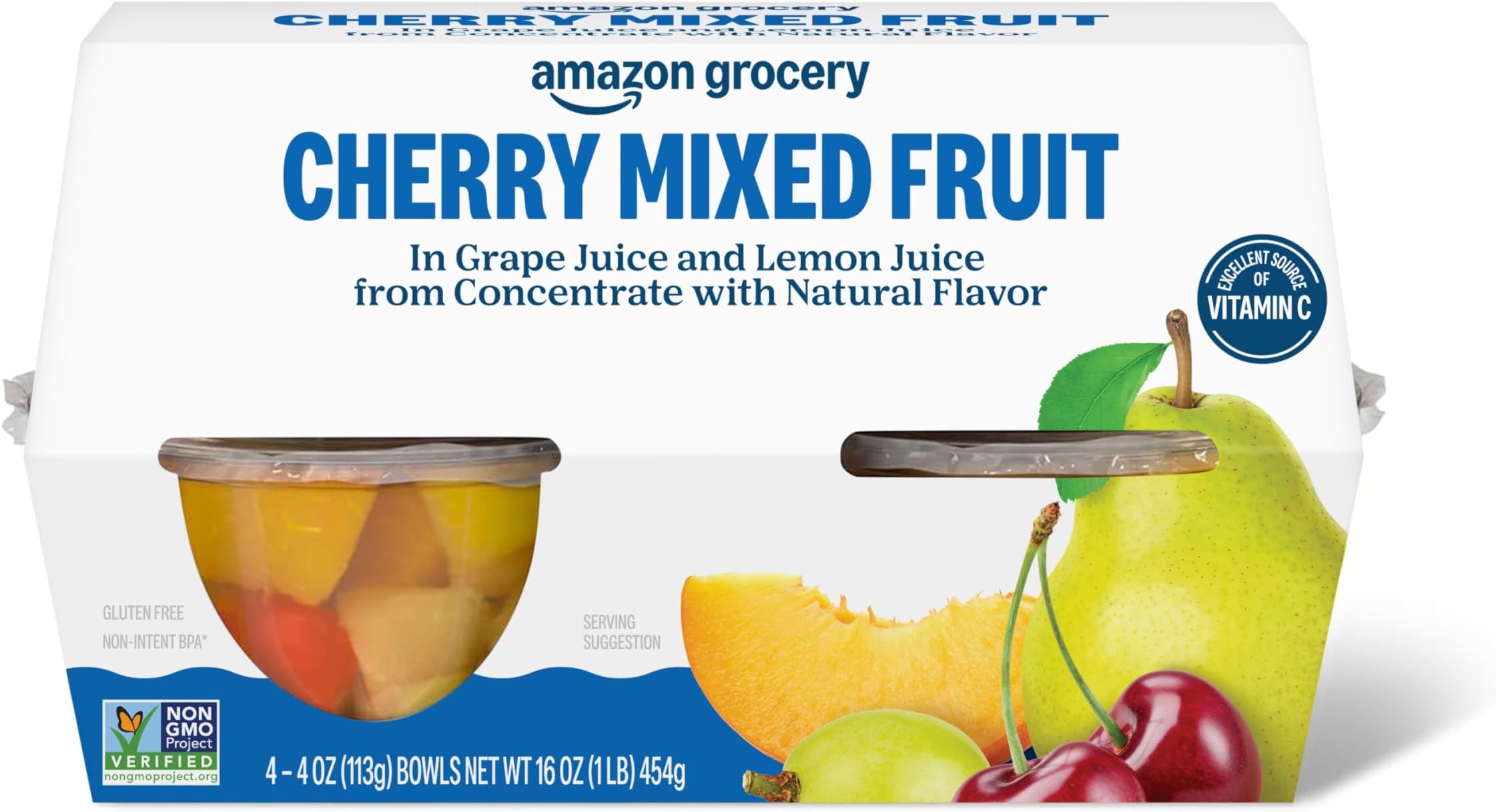Amazon Fresh, Cherry Mixed Fruit in Juice, 4 Oz Bowls (Pack of 4) (Previously Happy Belly, Packaging May Vary)